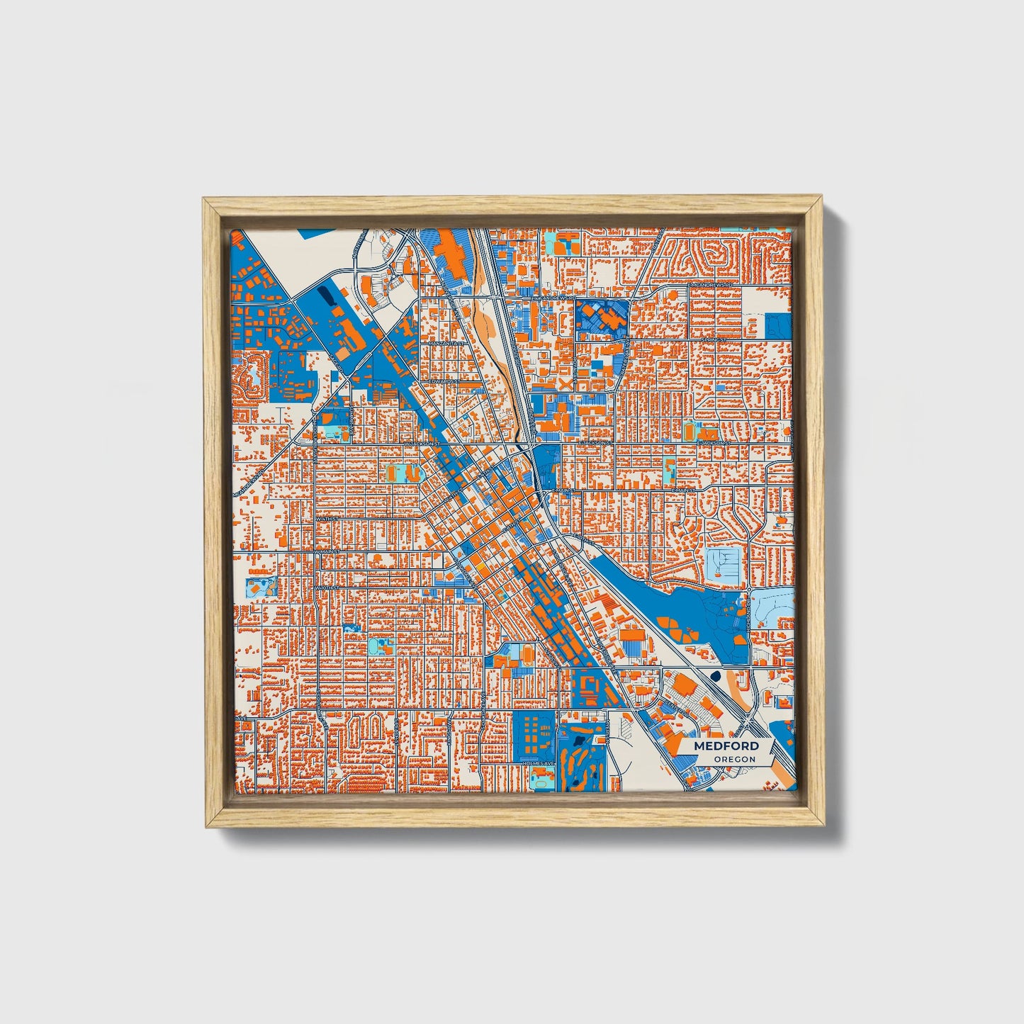 Medford Oregon Colorful City Map Canvas Print • Natural Wooden Framed