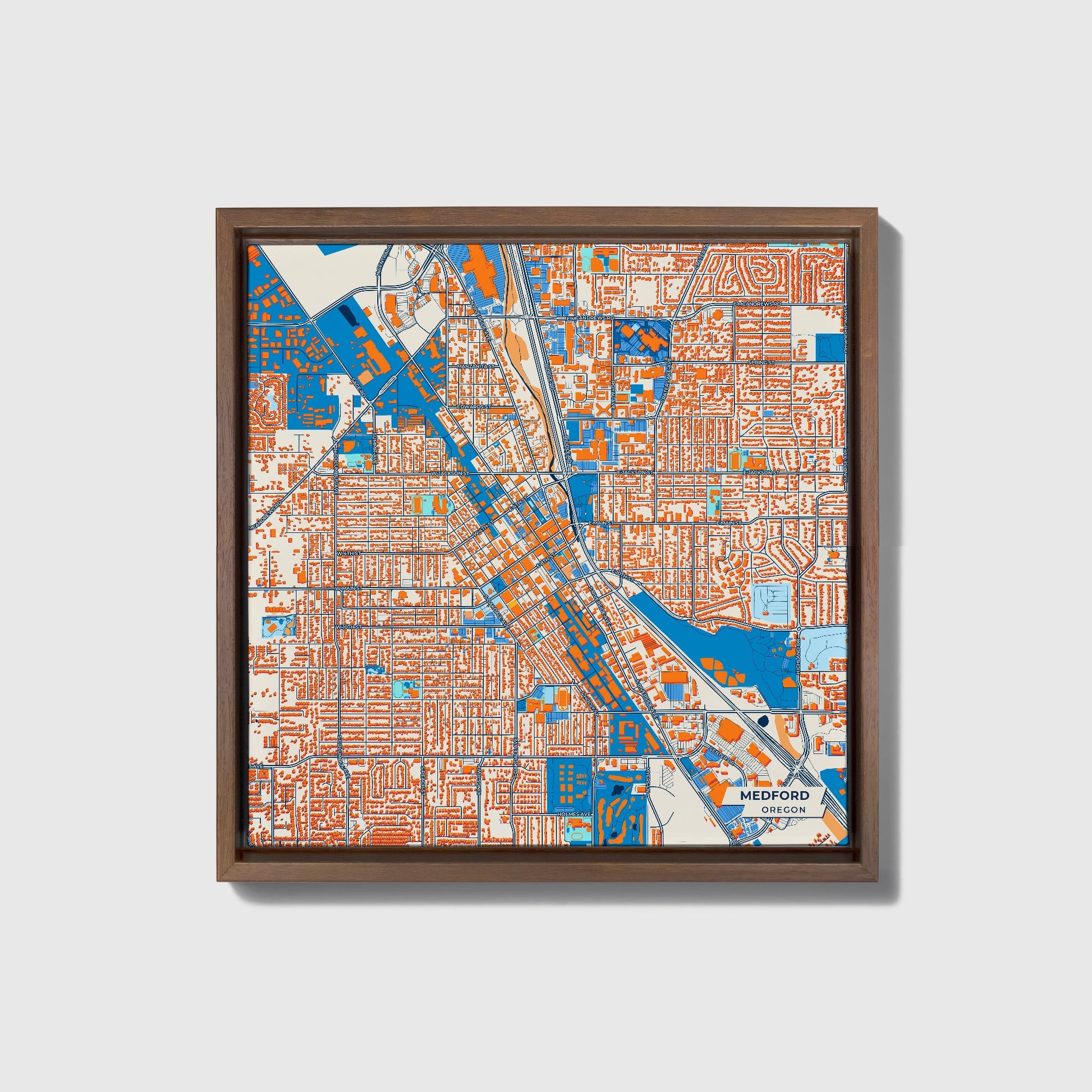 Medford Oregon Colorful City Map Canvas Print • Dark Wooden Framed