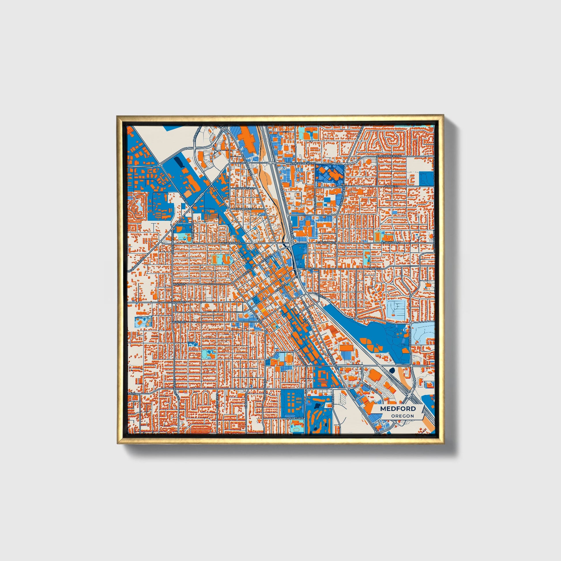 Medford Oregon Colorful City Map Canvas Print • Gold Framed