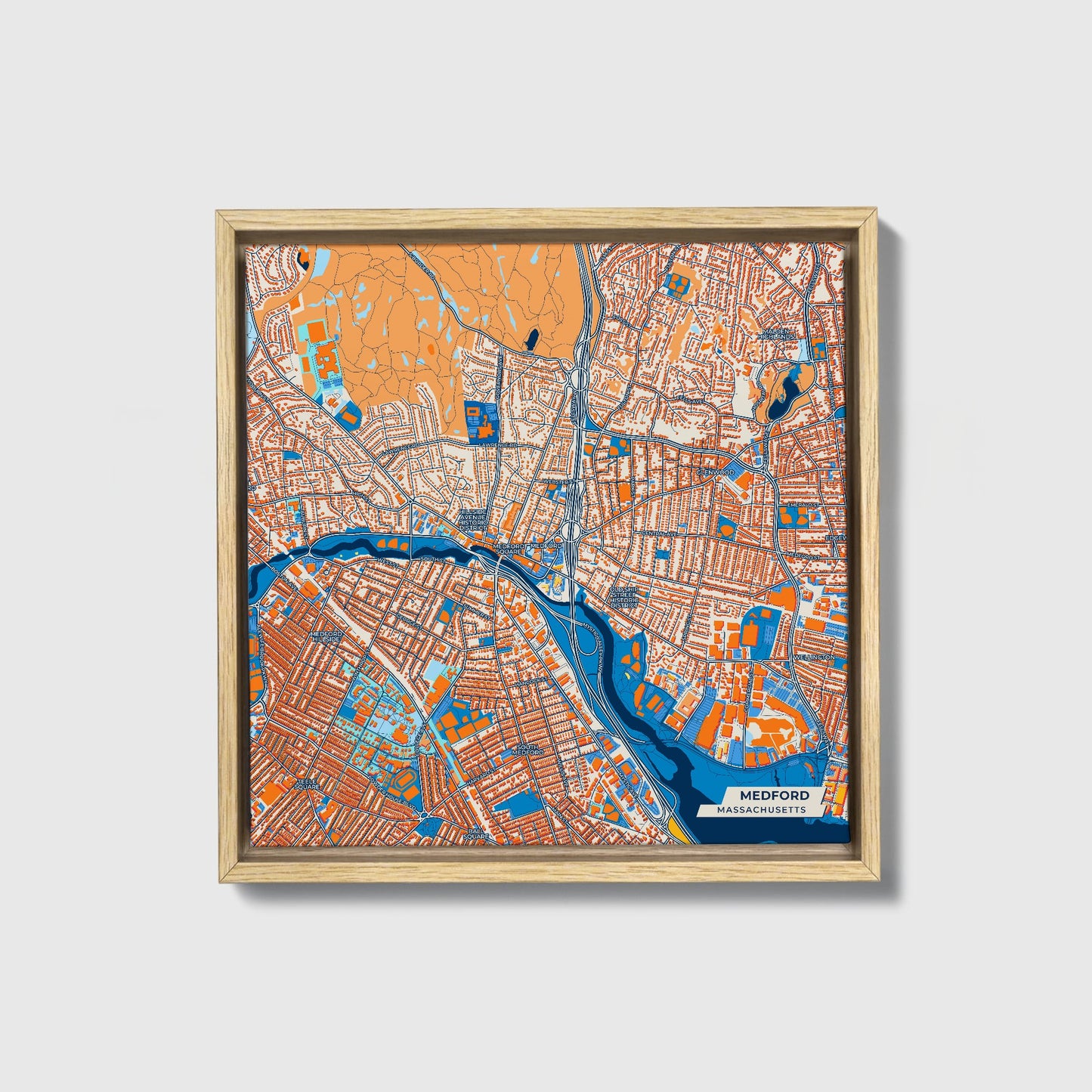 Medford Massachusetts Colorful City Map Canvas Print • Natural Wooden Framed