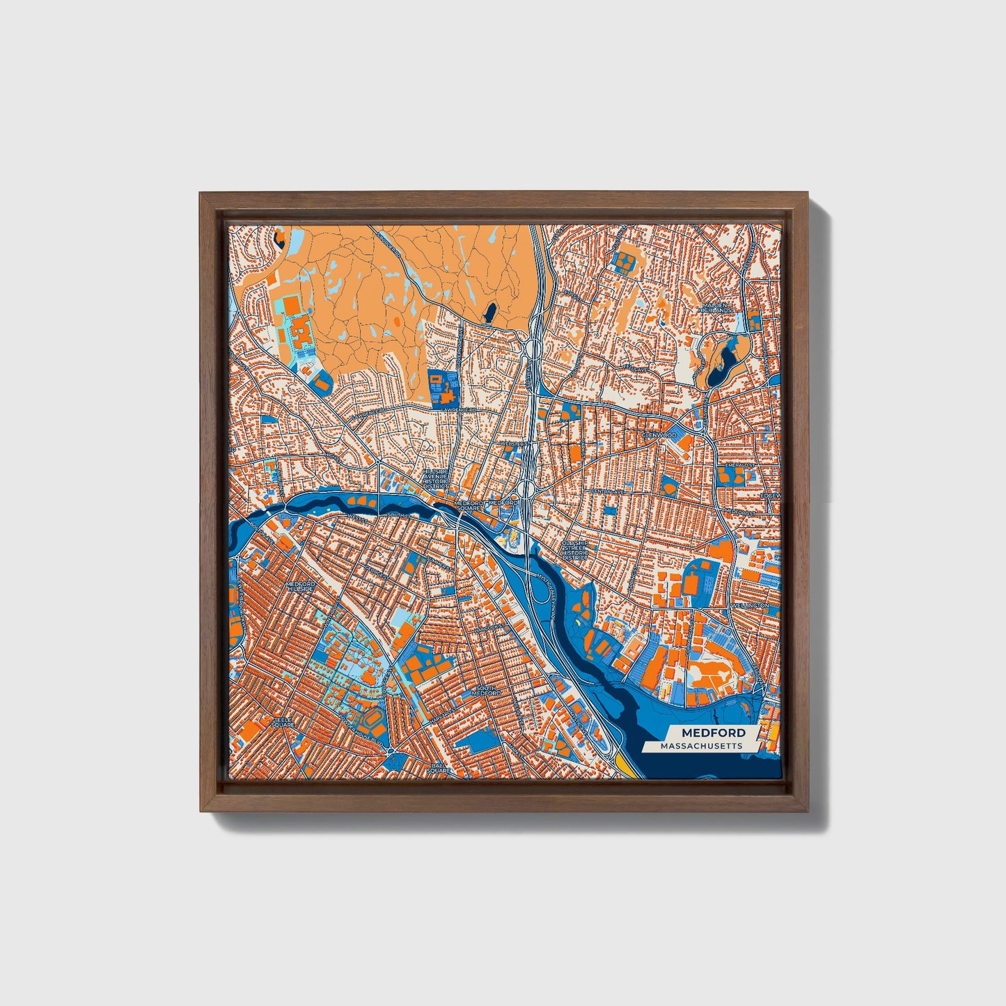 Medford Massachusetts Colorful City Map Canvas Print • Dark Wooden Framed