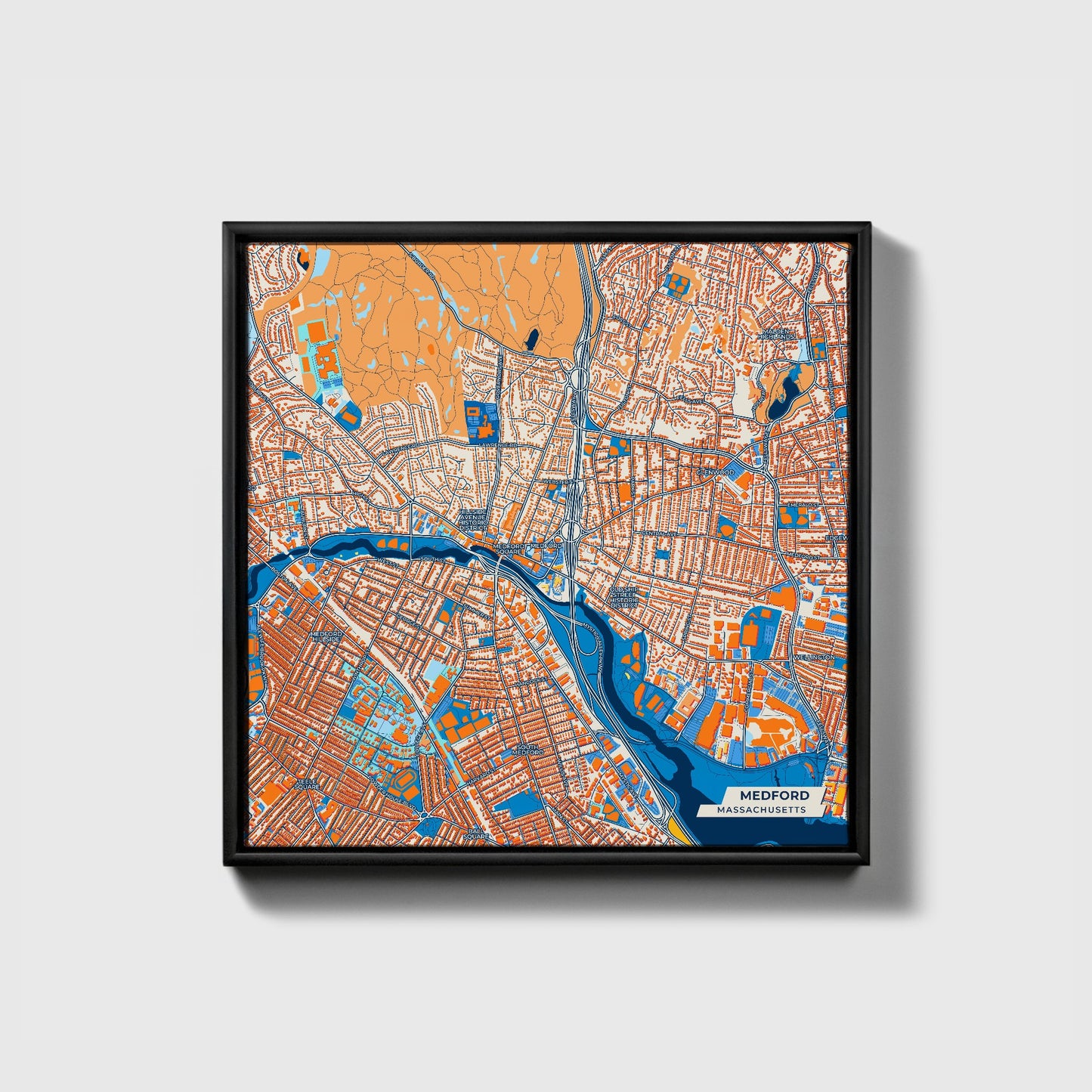 Medford Massachusetts Colorful City Map Canvas Print • Black Framed