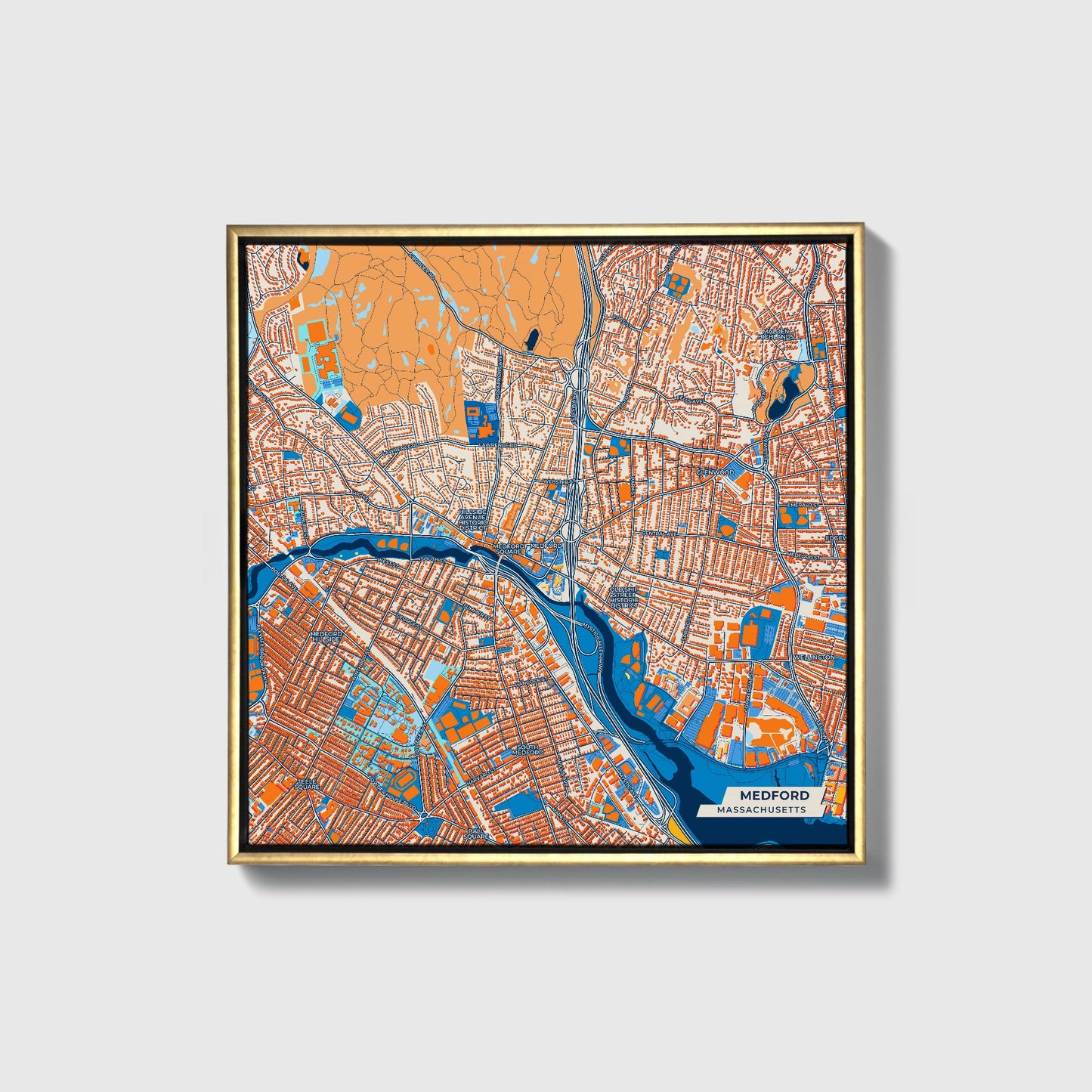 Medford Massachusetts Colorful City Map Canvas Print • Gold Framed