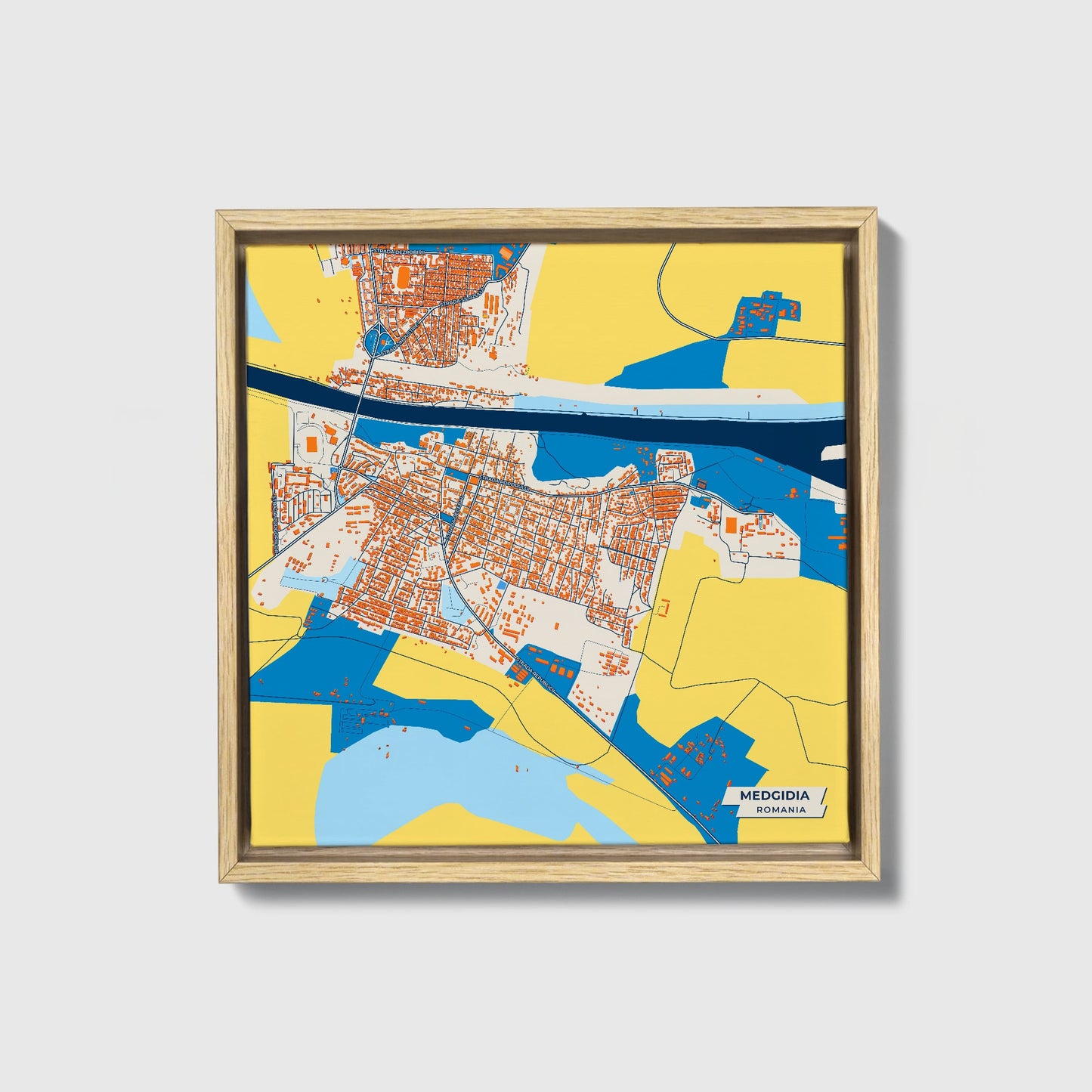 Medgidia Romania Colorful City Map Canvas Print • Natural Wooden Framed
