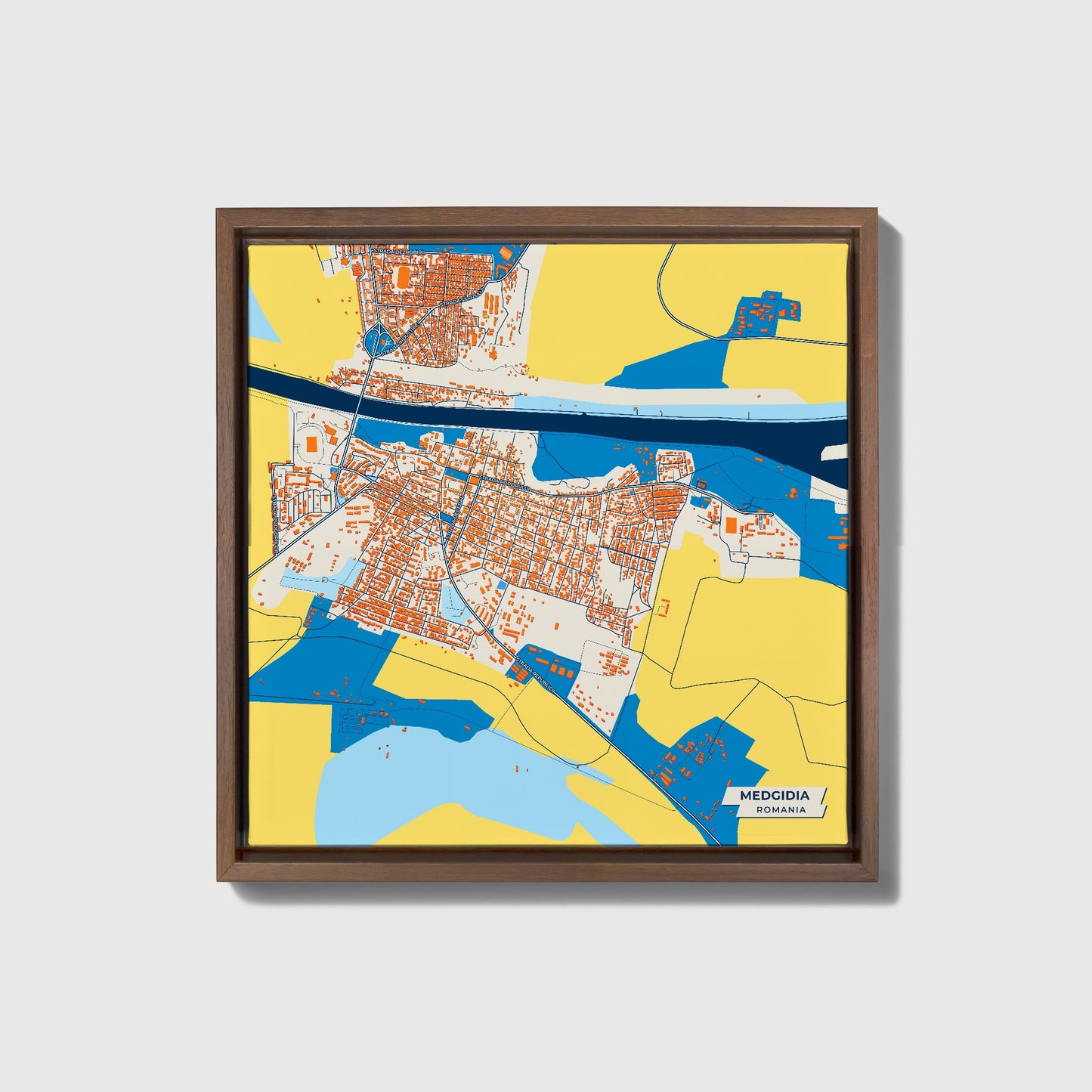 Medgidia Romania Colorful City Map Canvas Print • Dark Wooden Framed