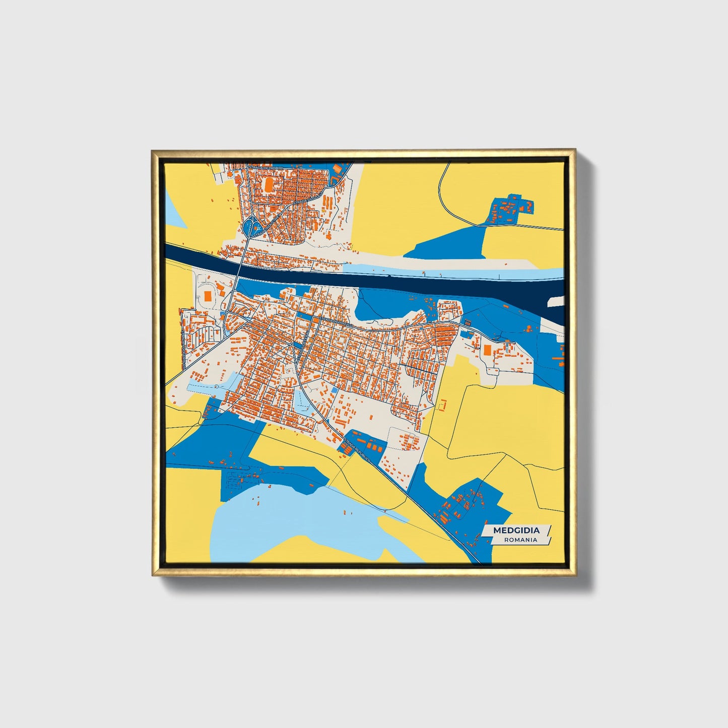 Medgidia Romania Colorful City Map Canvas Print • Gold Framed