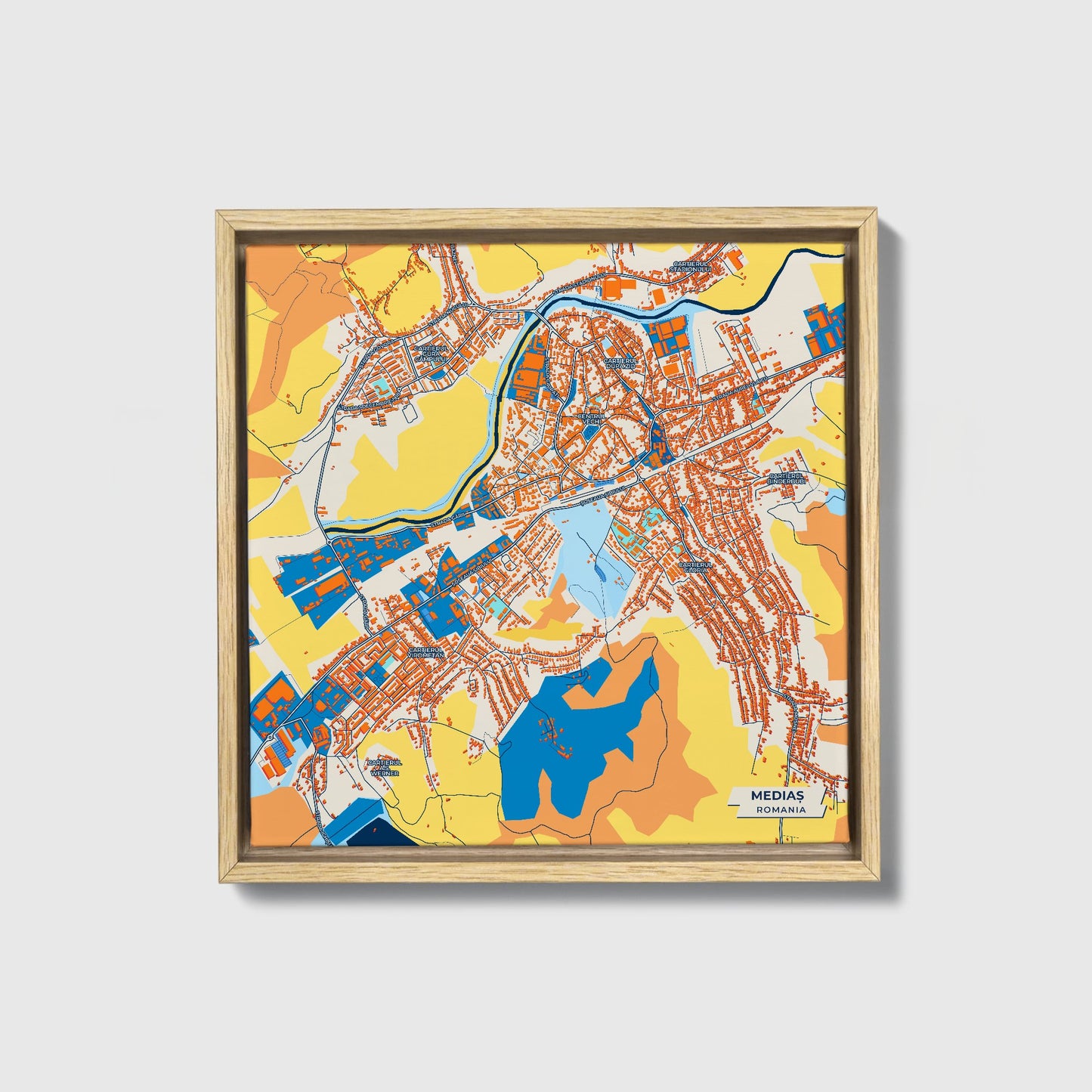 Mediaș Romania Colorful City Map Canvas Print • Natural Wooden Framed