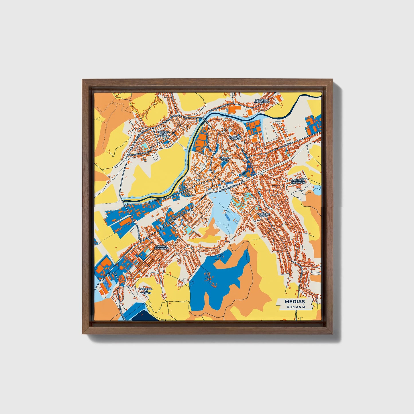Mediaș Romania Colorful City Map Canvas Print • Dark Wooden Framed