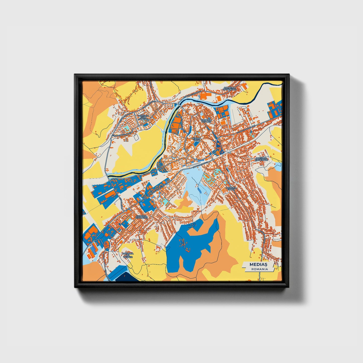Mediaș Romania Colorful City Map Canvas Print • Black Framed