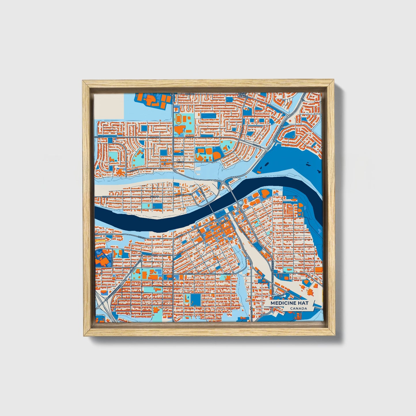 Medicine Hat Canada Colorful City Map Canvas Print • Natural Wooden Framed