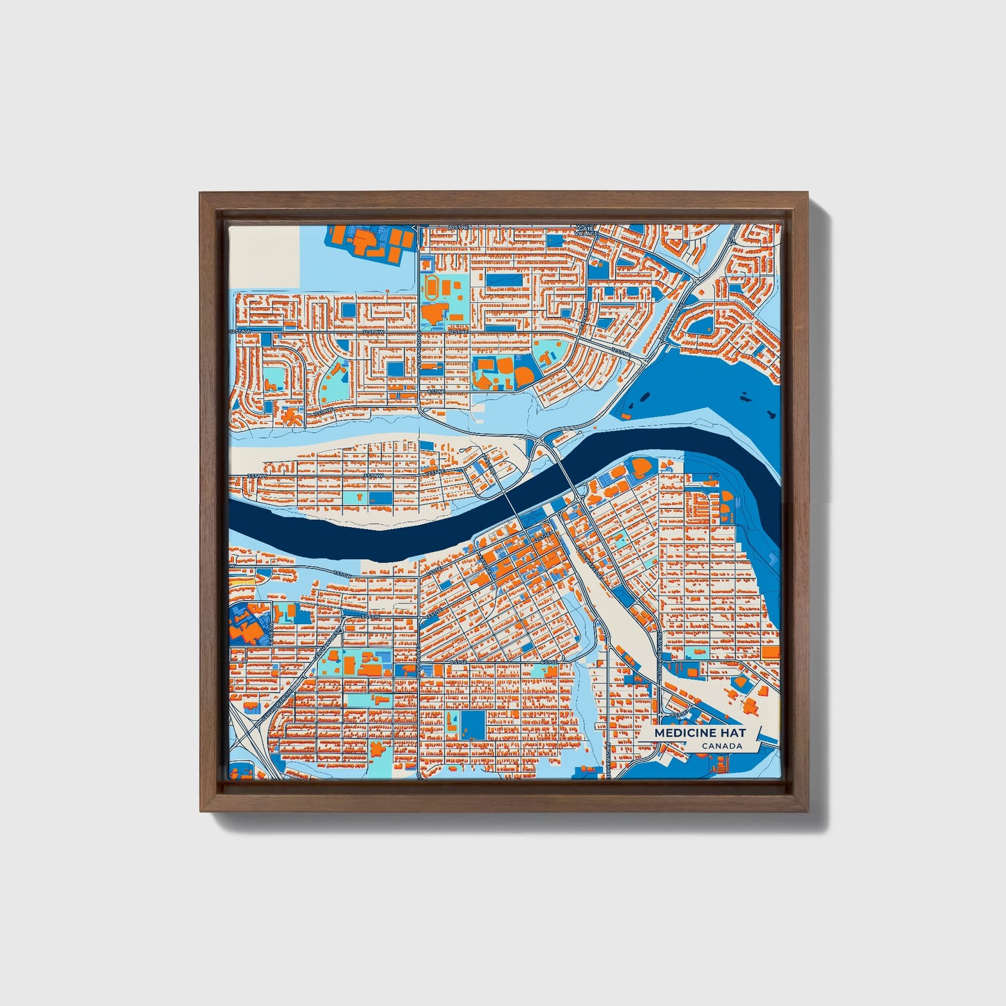 Medicine Hat Canada Colorful City Map Canvas Print • Dark Wooden Framed