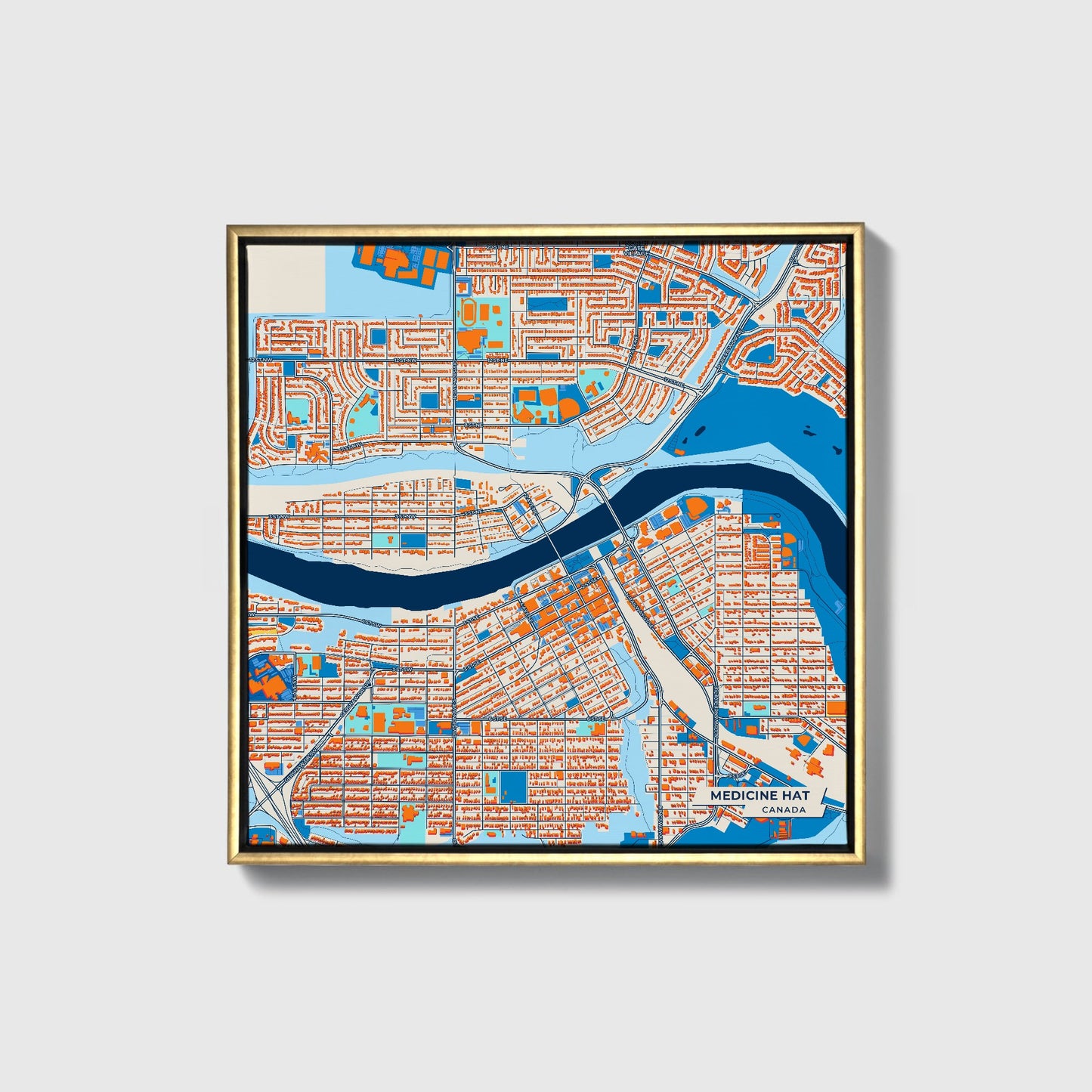 Medicine Hat Canada Colorful City Map Canvas Print • Gold Framed