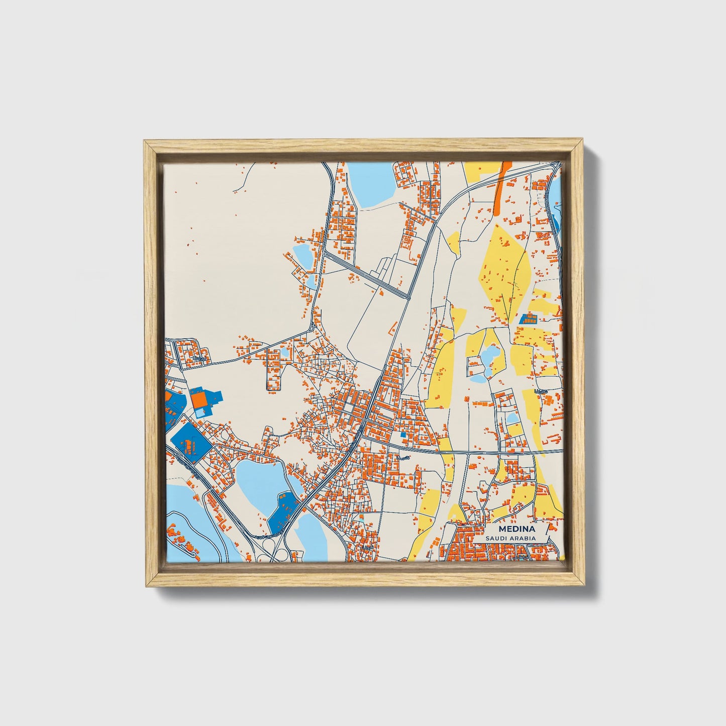 Medina Saudi Arabia Colorful City Map Canvas Print • Natural Wooden Framed