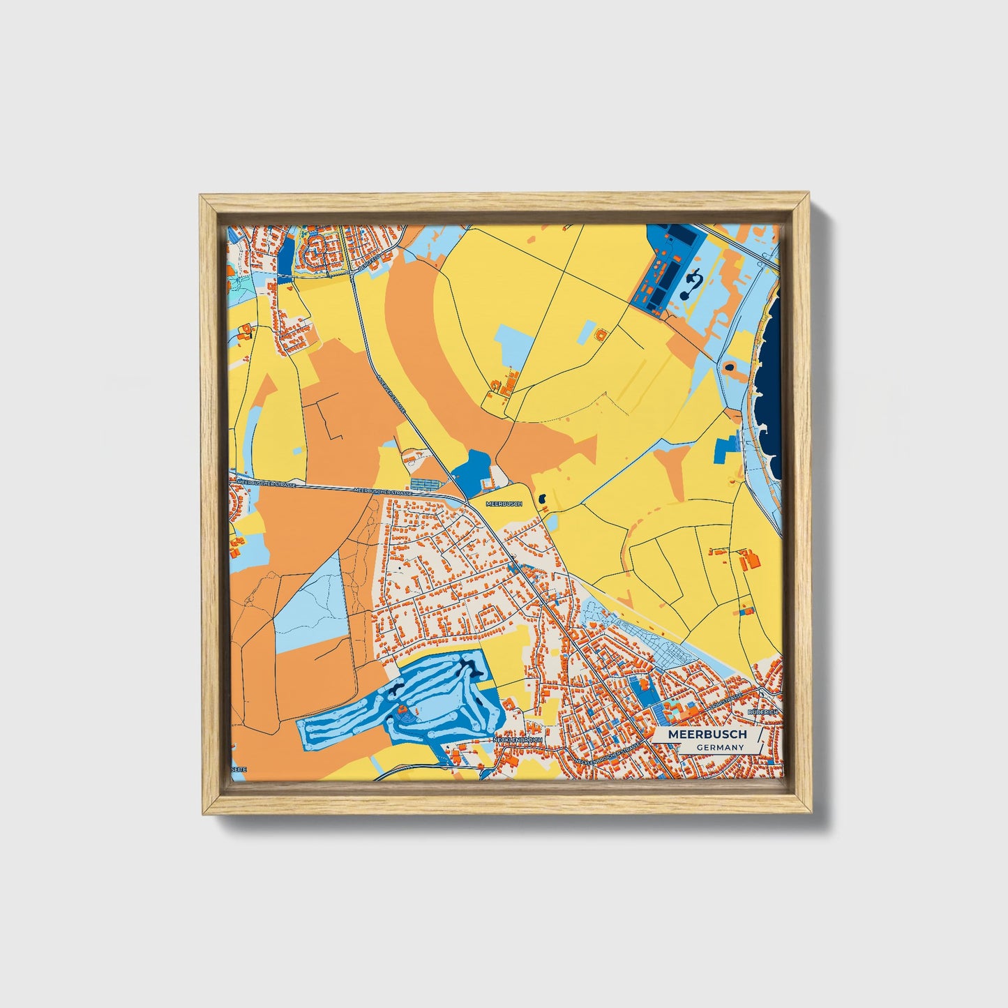 Meerbusch Germany Colorful City Map Canvas Print • Natural Wooden Framed