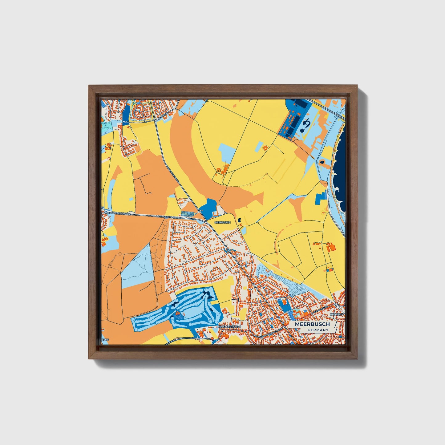Meerbusch Germany Colorful City Map Canvas Print • Dark Wooden Framed