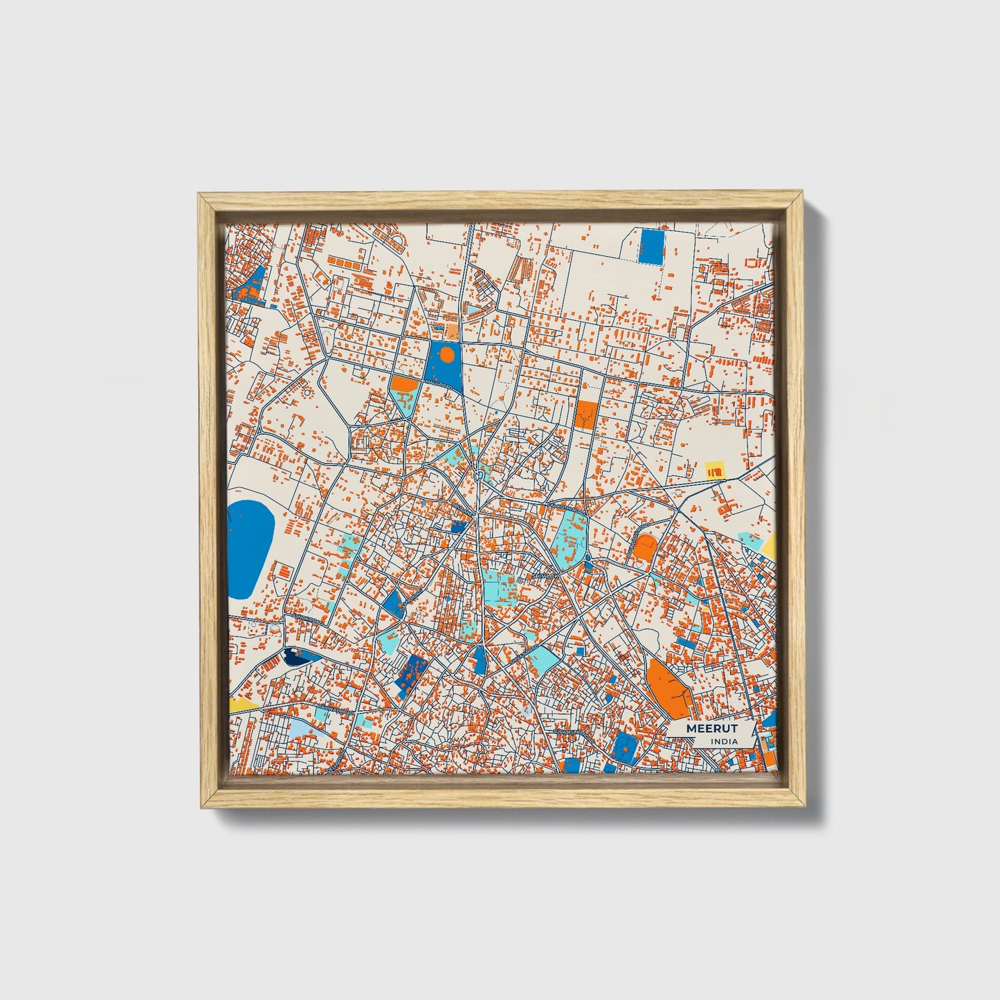 Meerut India Colorful City Map Canvas Print • Natural Wooden Framed