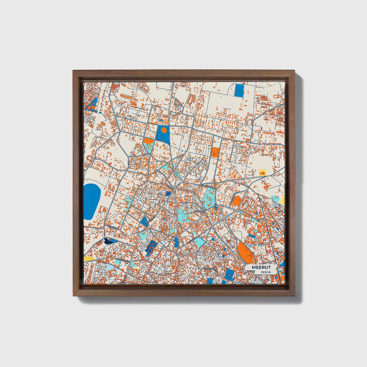 Meerut India Colorful City Map Canvas Print • Dark Wooden Framed