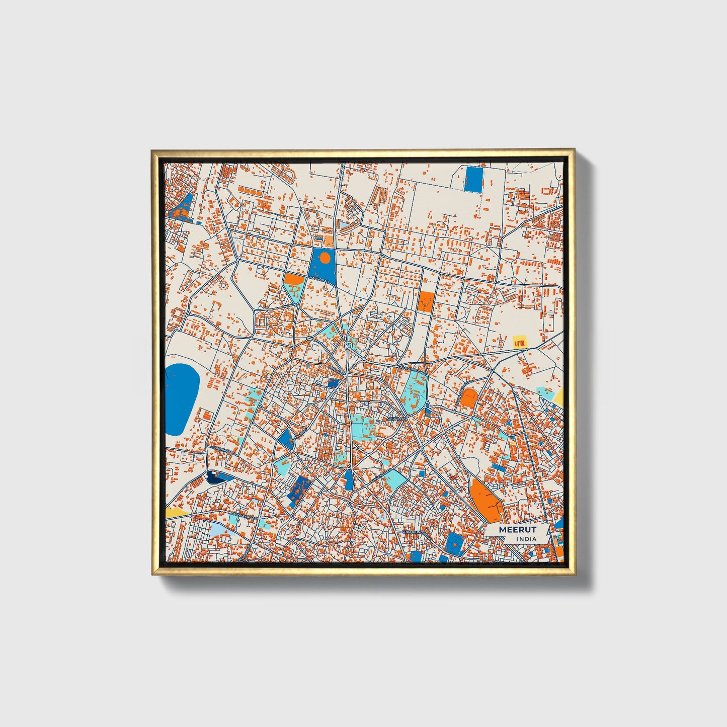 Meerut India Colorful City Map Canvas Print • Gold Framed