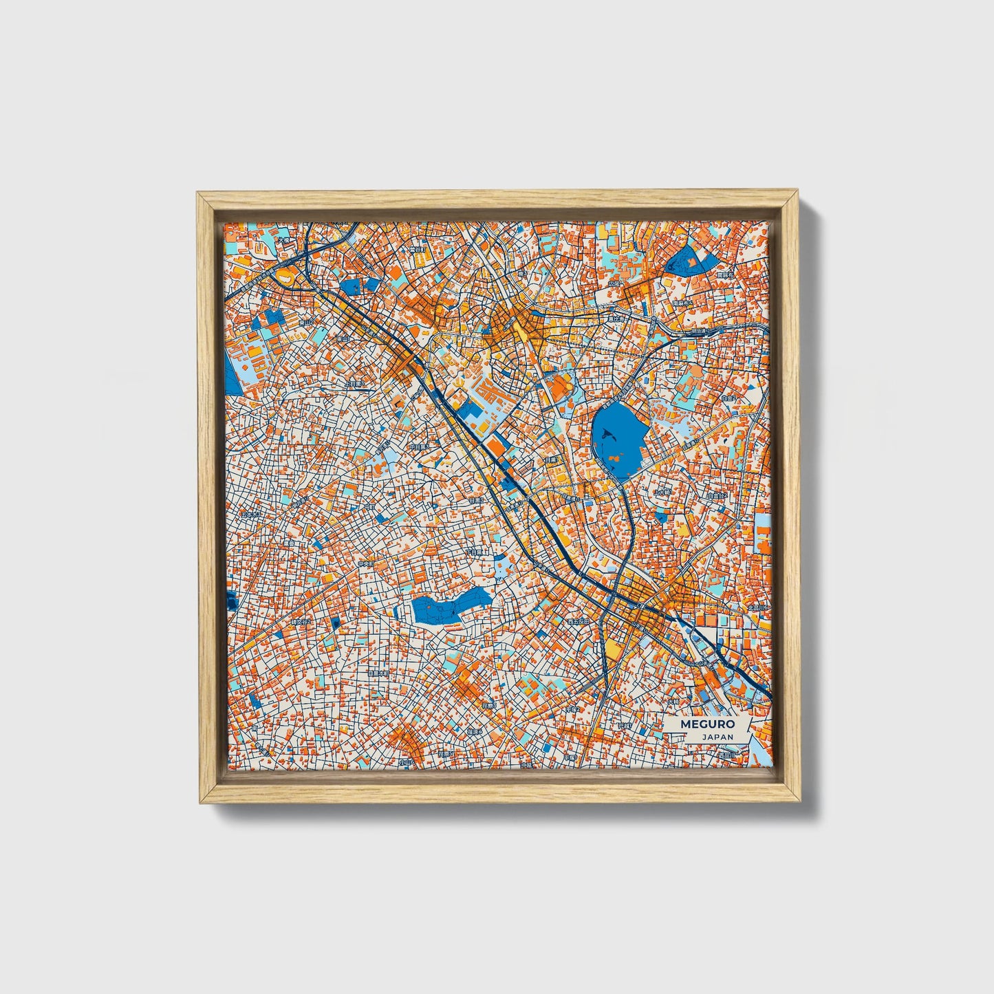 Meguro Japan Colorful City Map Canvas Print • Natural Wooden Framed