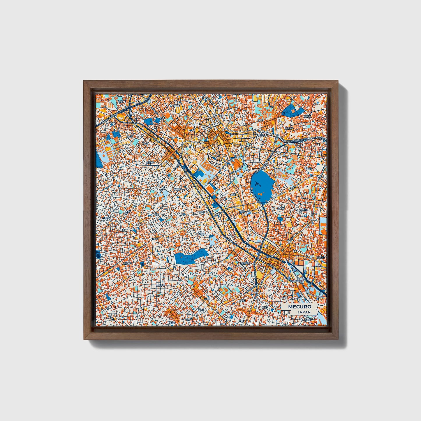 Meguro Japan Colorful City Map Canvas Print • Dark Wooden Framed