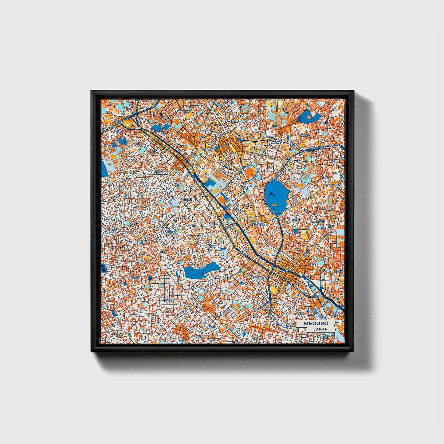 Meguro Japan Colorful City Map Canvas Print • Black Framed