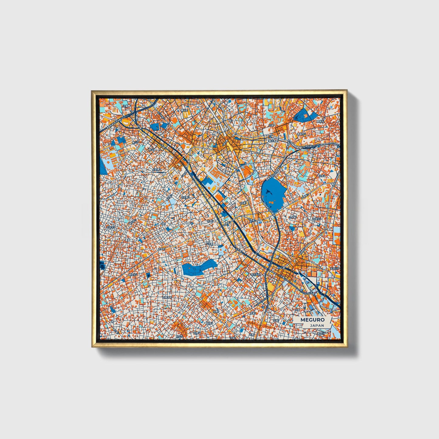 Meguro Japan Colorful City Map Canvas Print • Gold Framed