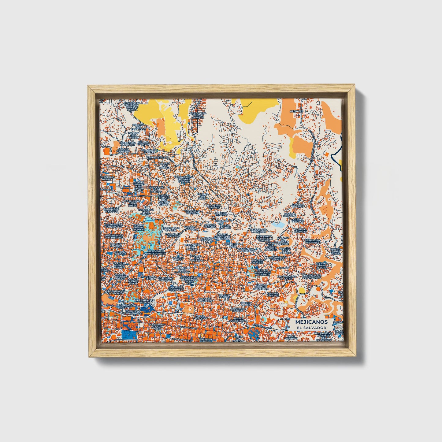 Mejicanos El Salvador Colorful City Map Canvas Print • Natural Wooden Framed
