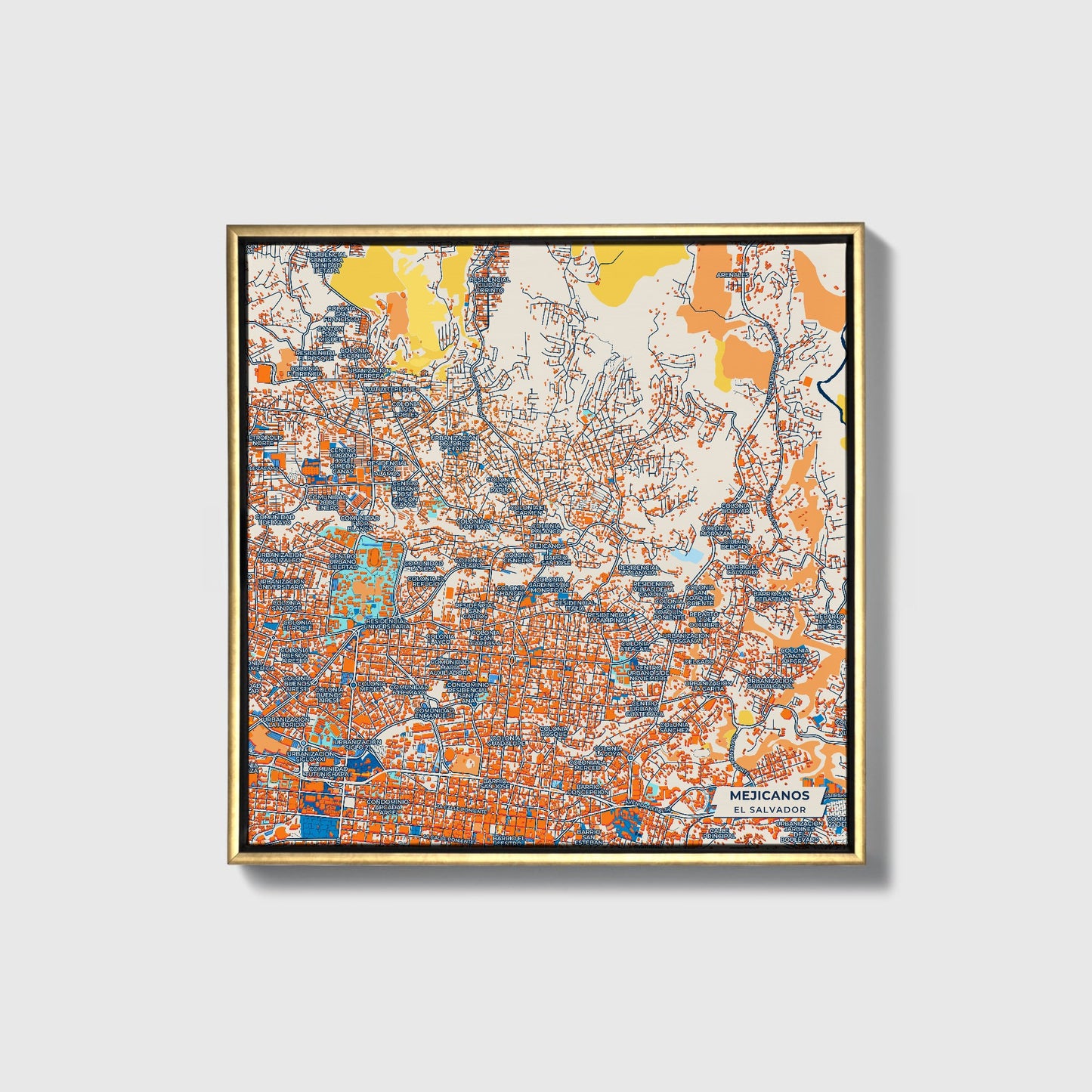 Mejicanos El Salvador Colorful City Map Canvas Print • Gold Framed