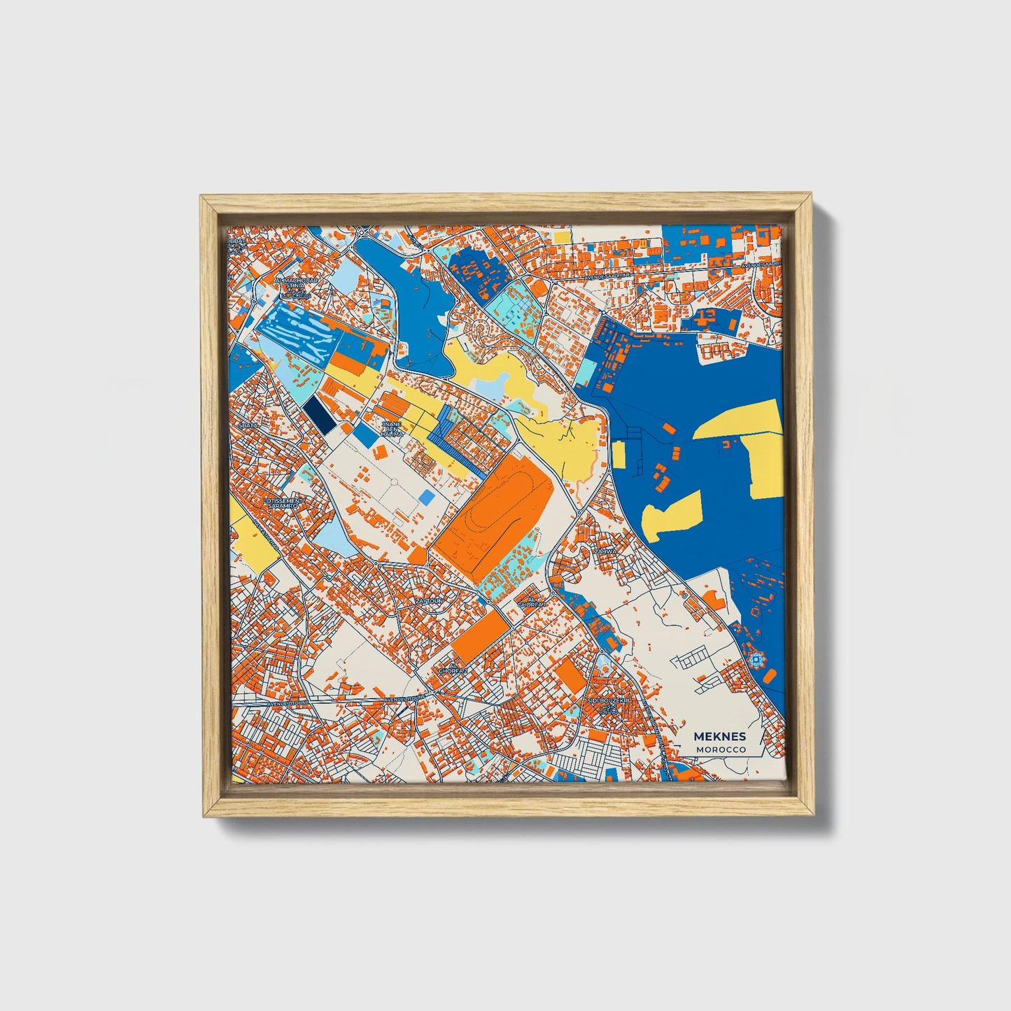 Meknes Morocco Colorful City Map Canvas Print • Natural Wooden Framed