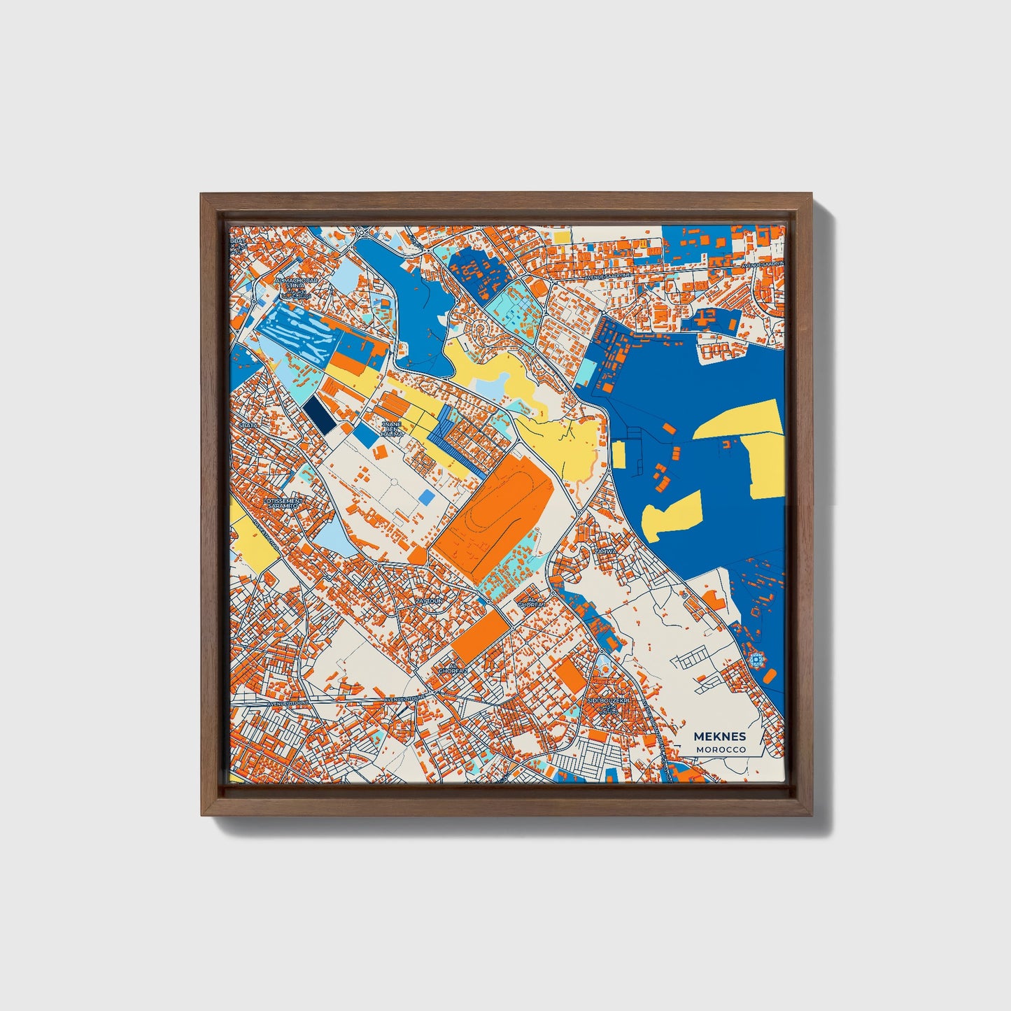 Meknes Morocco Colorful City Map Canvas Print • Dark Wooden Framed
