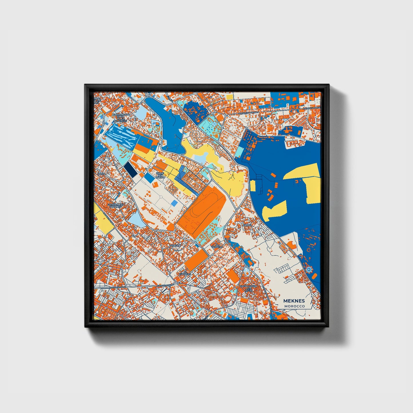 Meknes Morocco Colorful City Map Canvas Print • Black Framed