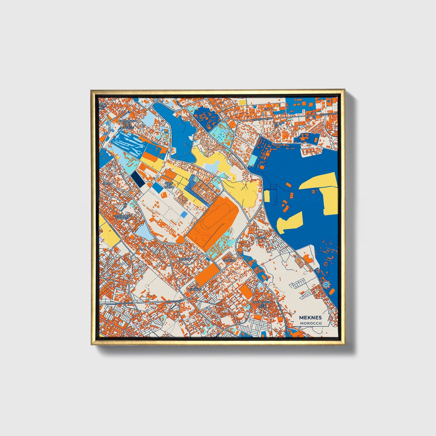 Meknes Morocco Colorful City Map Canvas Print • Gold Framed