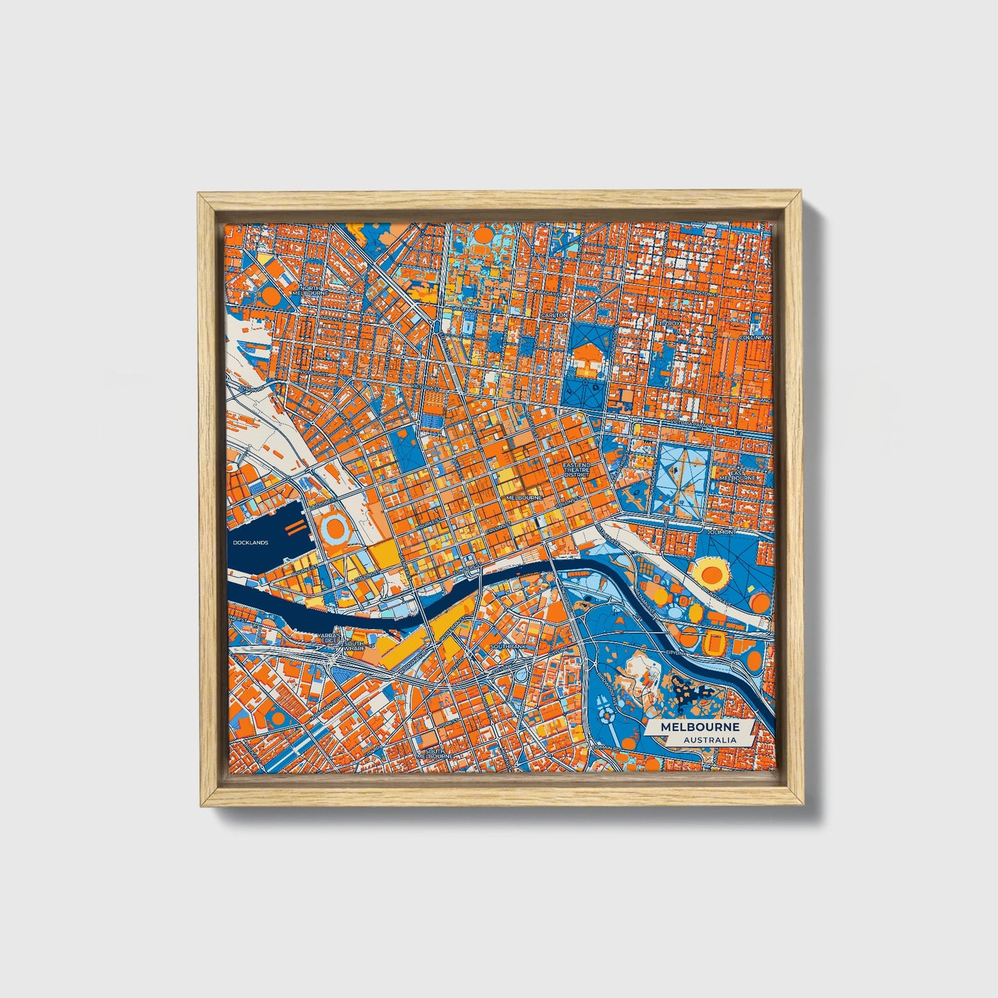 Melbourne Australia Colorful City Map Canvas Print • Natural Wooden Framed
