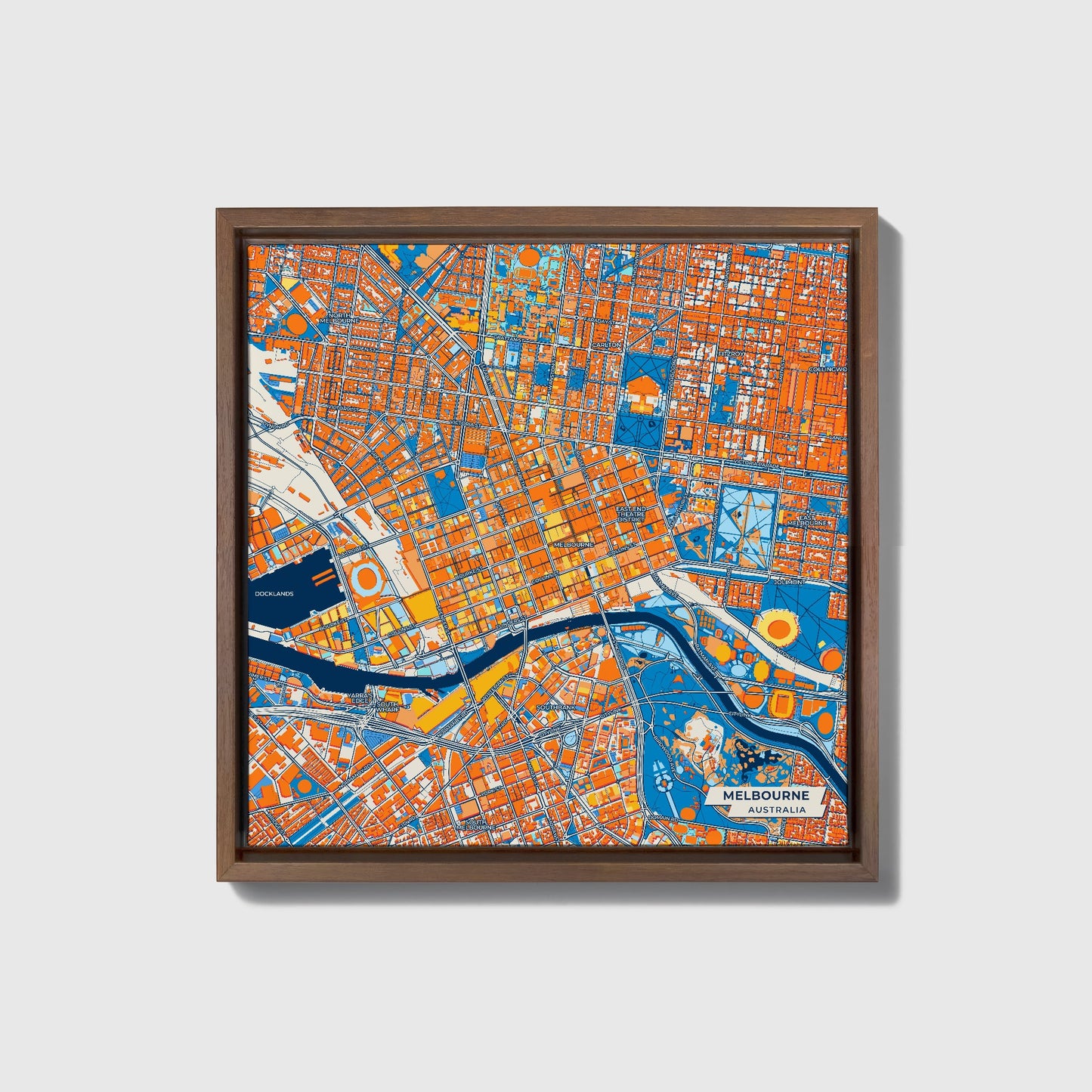 Melbourne Australia Colorful City Map Canvas Print • Dark Wooden Framed