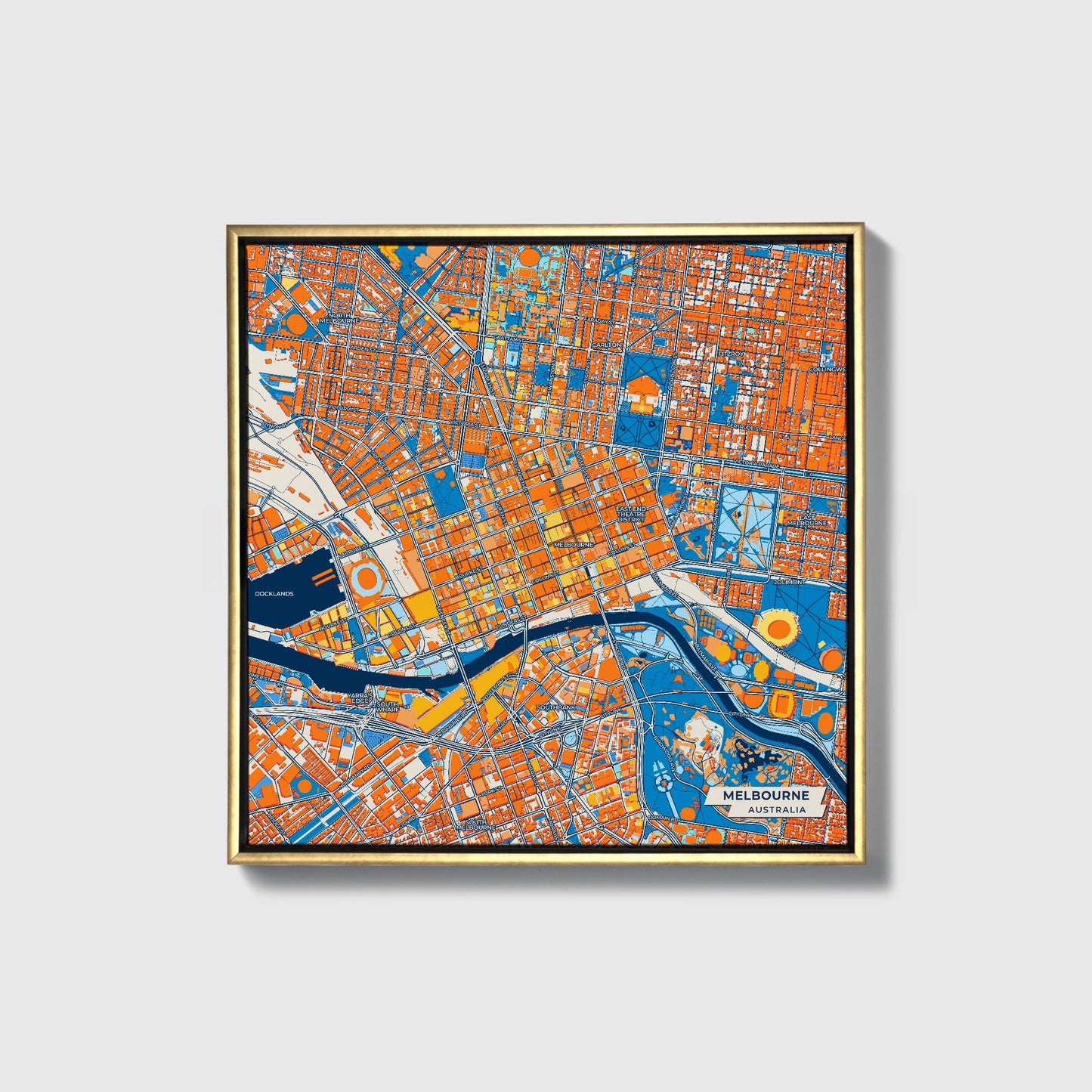 Melbourne Australia Colorful City Map Canvas Print • Gold Framed