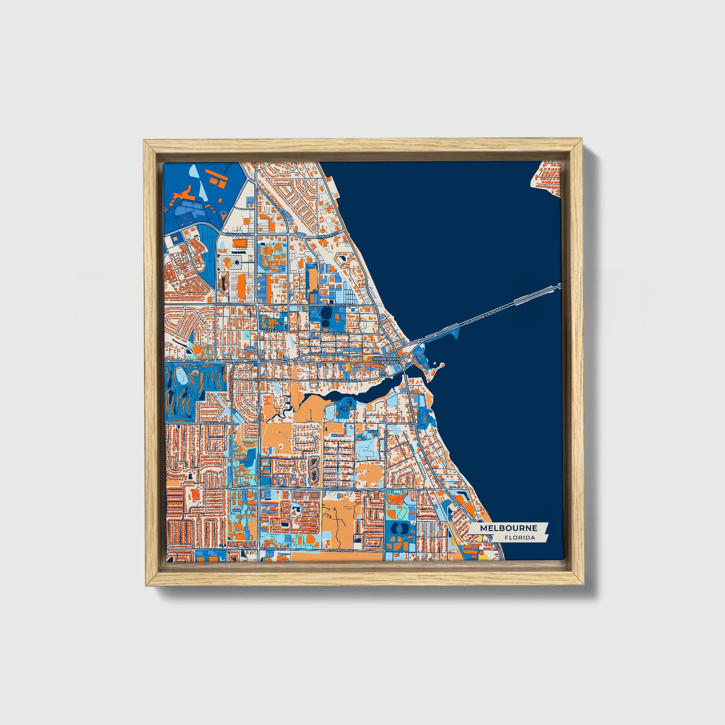 Melbourne Florida Colorful City Map Canvas Print • Natural Wooden Framed