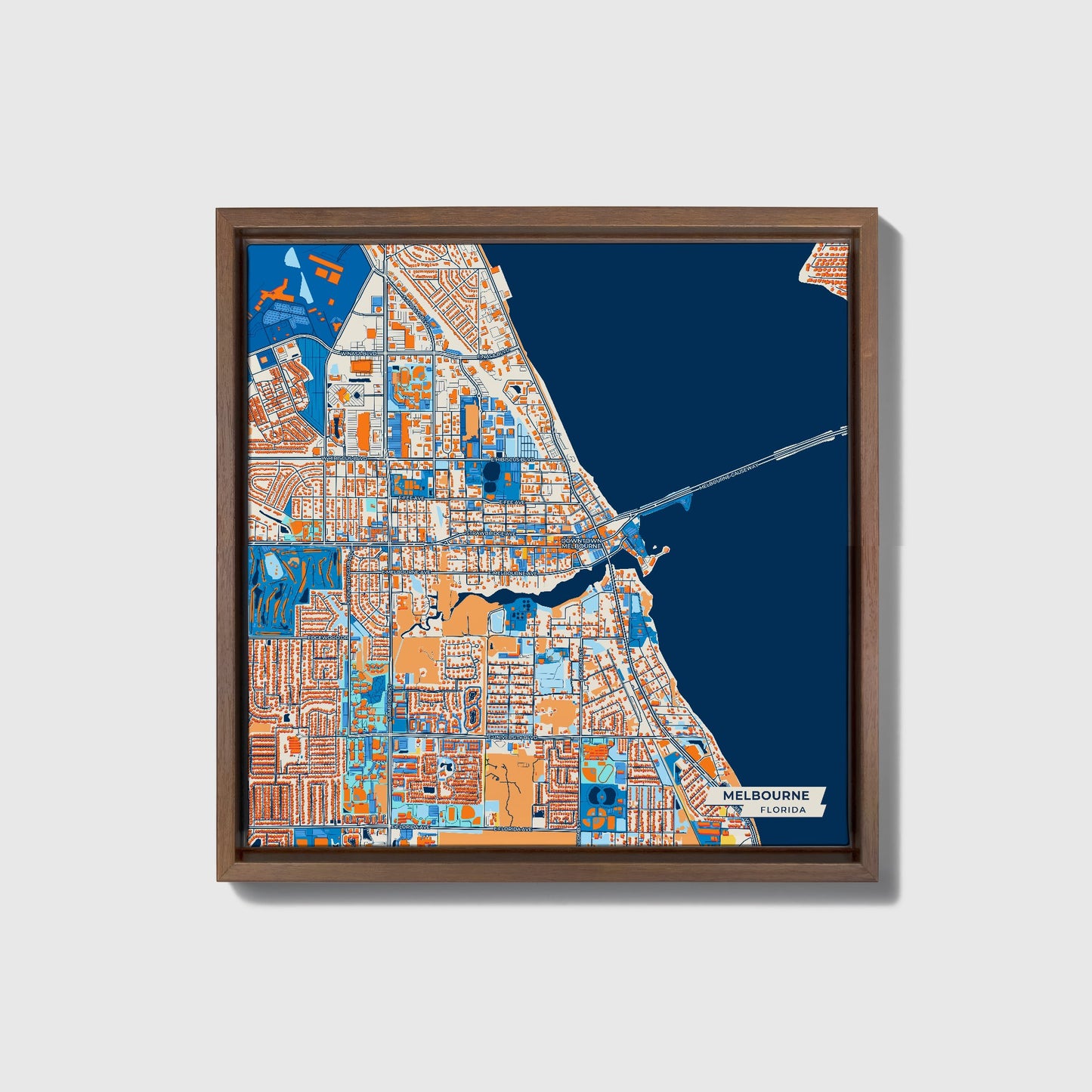 Melbourne Florida Colorful City Map Canvas Print • Dark Wooden Framed