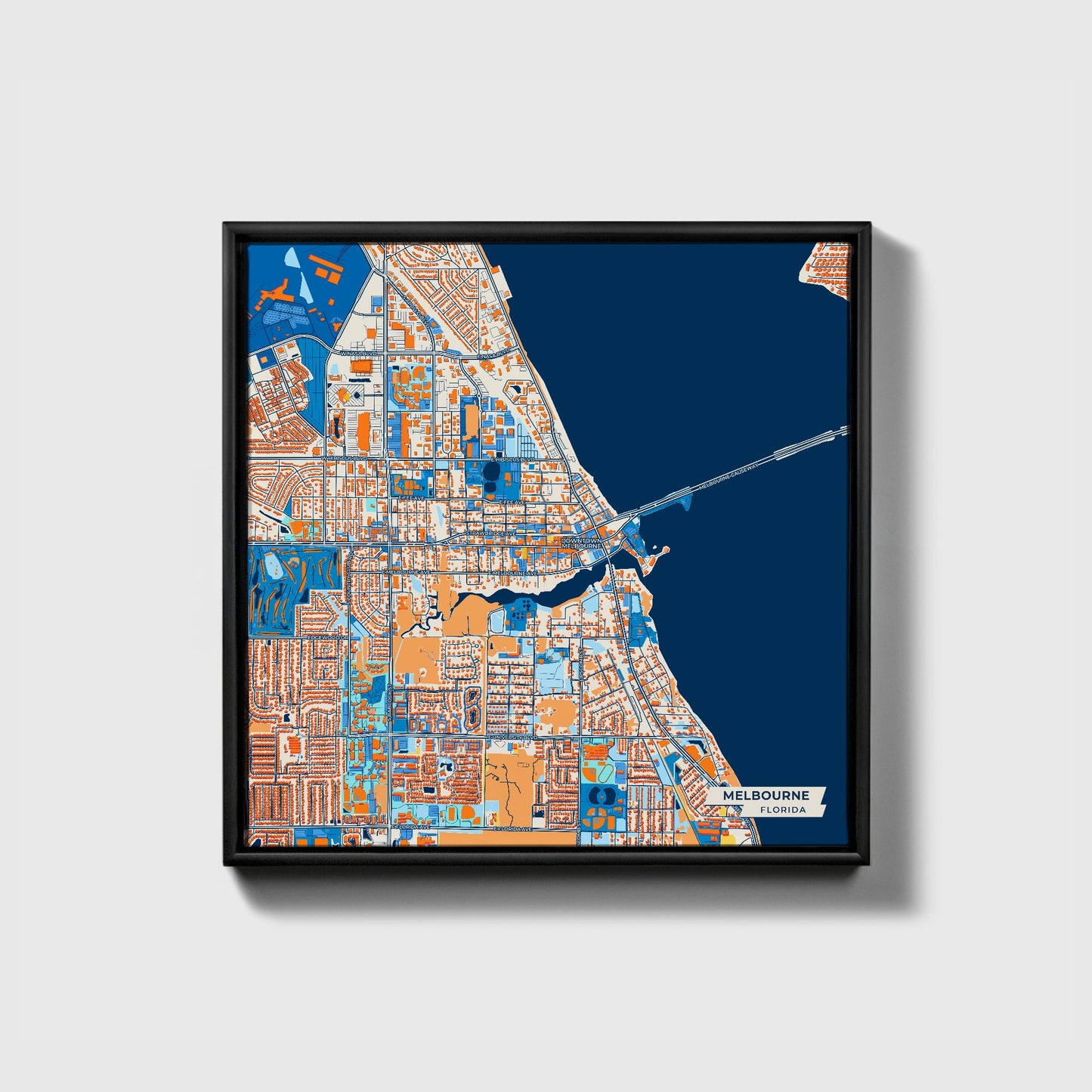 Melbourne Florida Colorful City Map Canvas Print • Black Framed