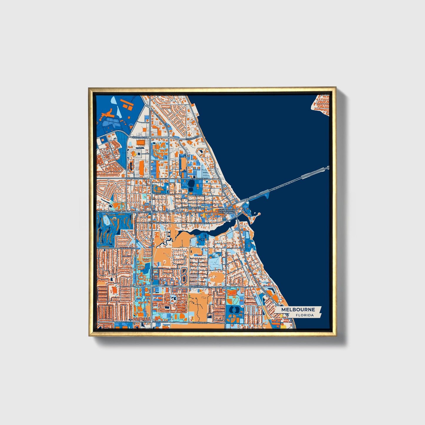 Melbourne Florida Colorful City Map Canvas Print • Gold Framed