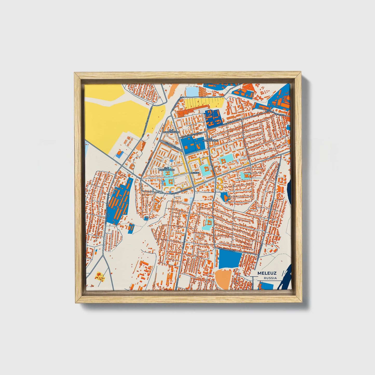 Мелеуз Russia Colorful City Map Canvas Print • Natural Wooden Framed