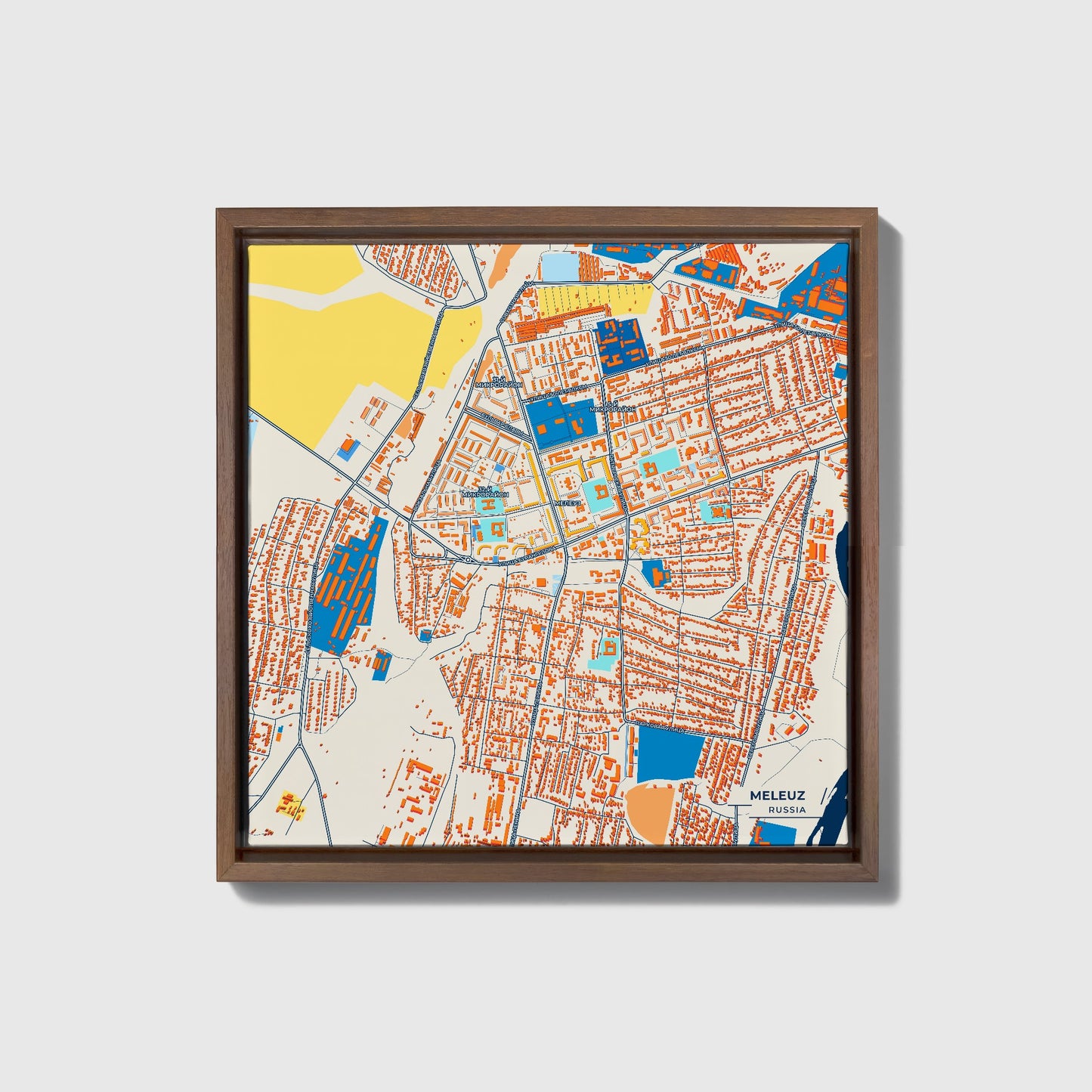 Мелеуз Russia Colorful City Map Canvas Print • Dark Wooden Framed