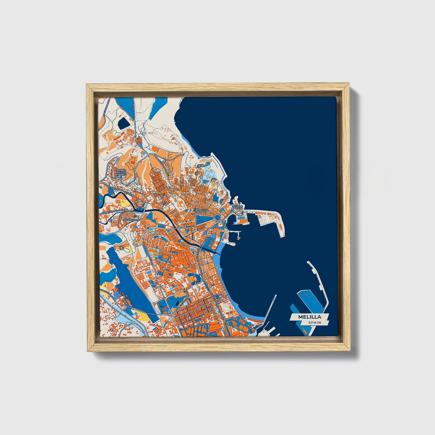 Melilla Spain Colorful City Map Canvas Print • Natural Wooden Framed