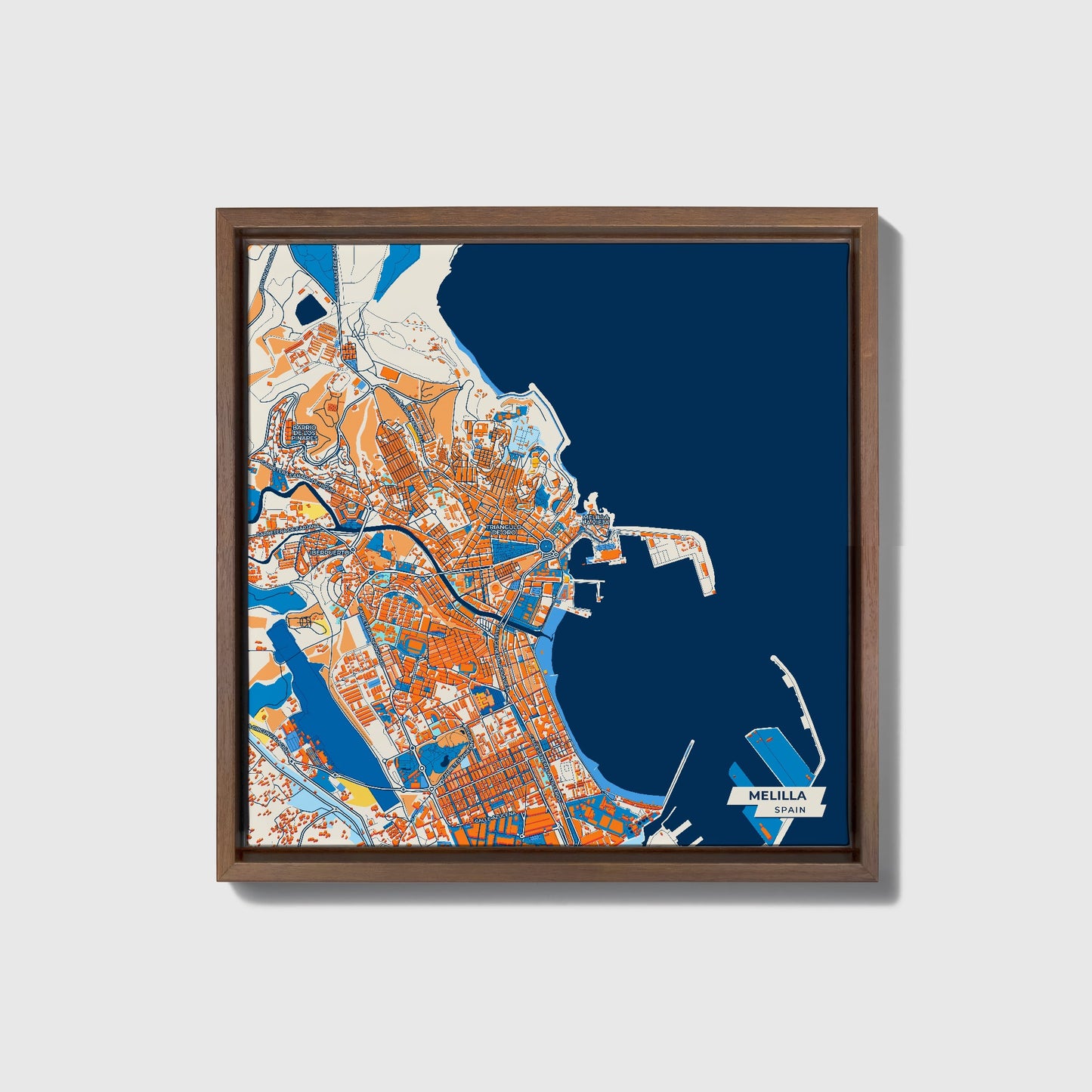Melilla Spain Colorful City Map Canvas Print • Dark Wooden Framed