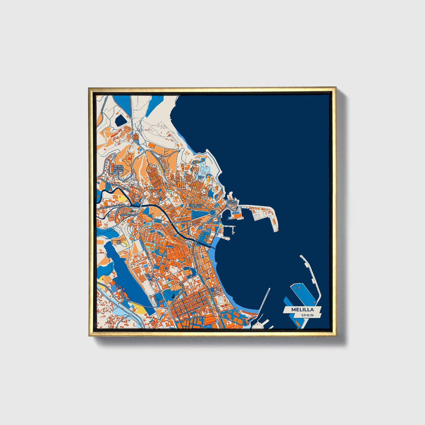 Melilla Spain Colorful City Map Canvas Print • Gold Framed