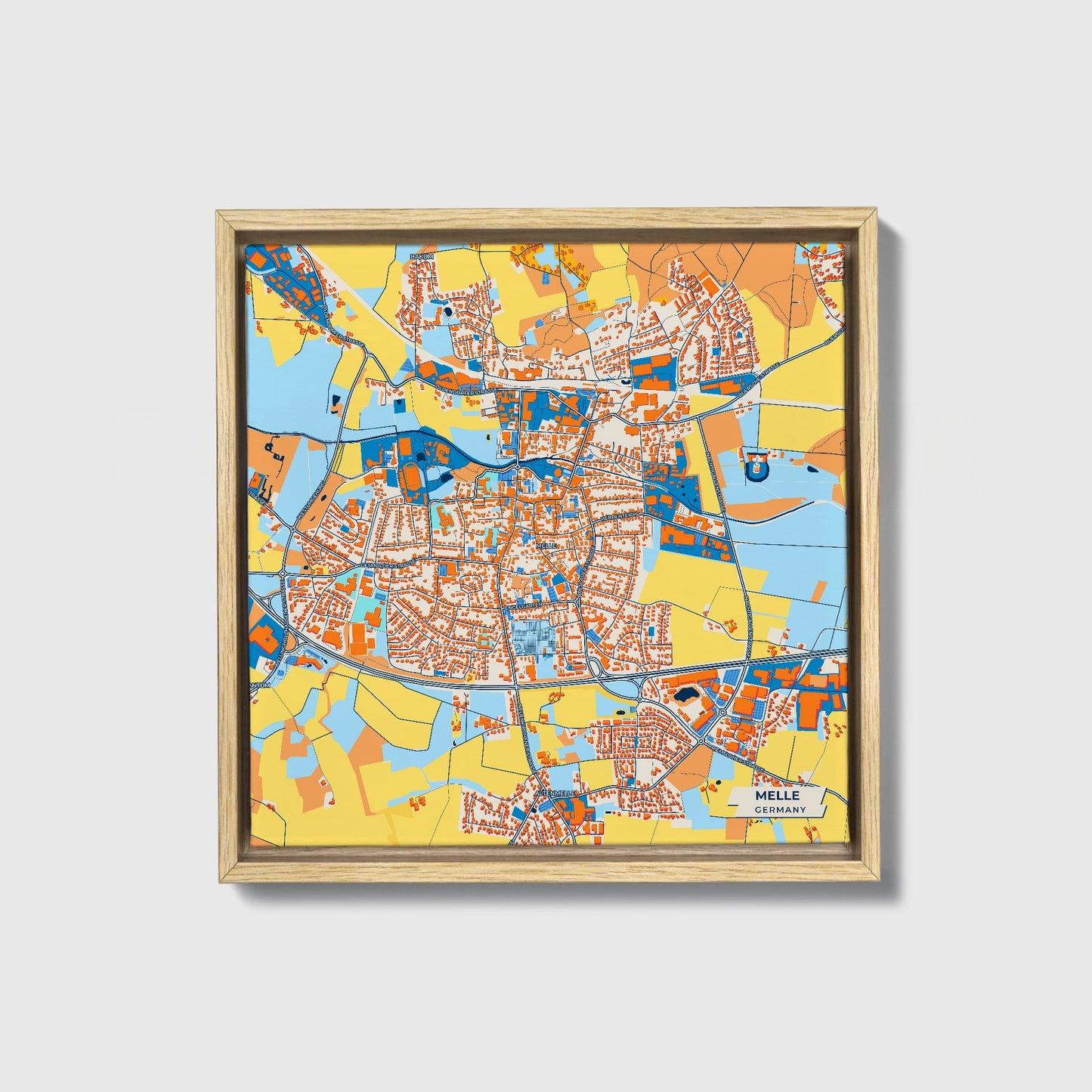 Melle Germany Colorful City Map Canvas Print • Natural Wooden Framed