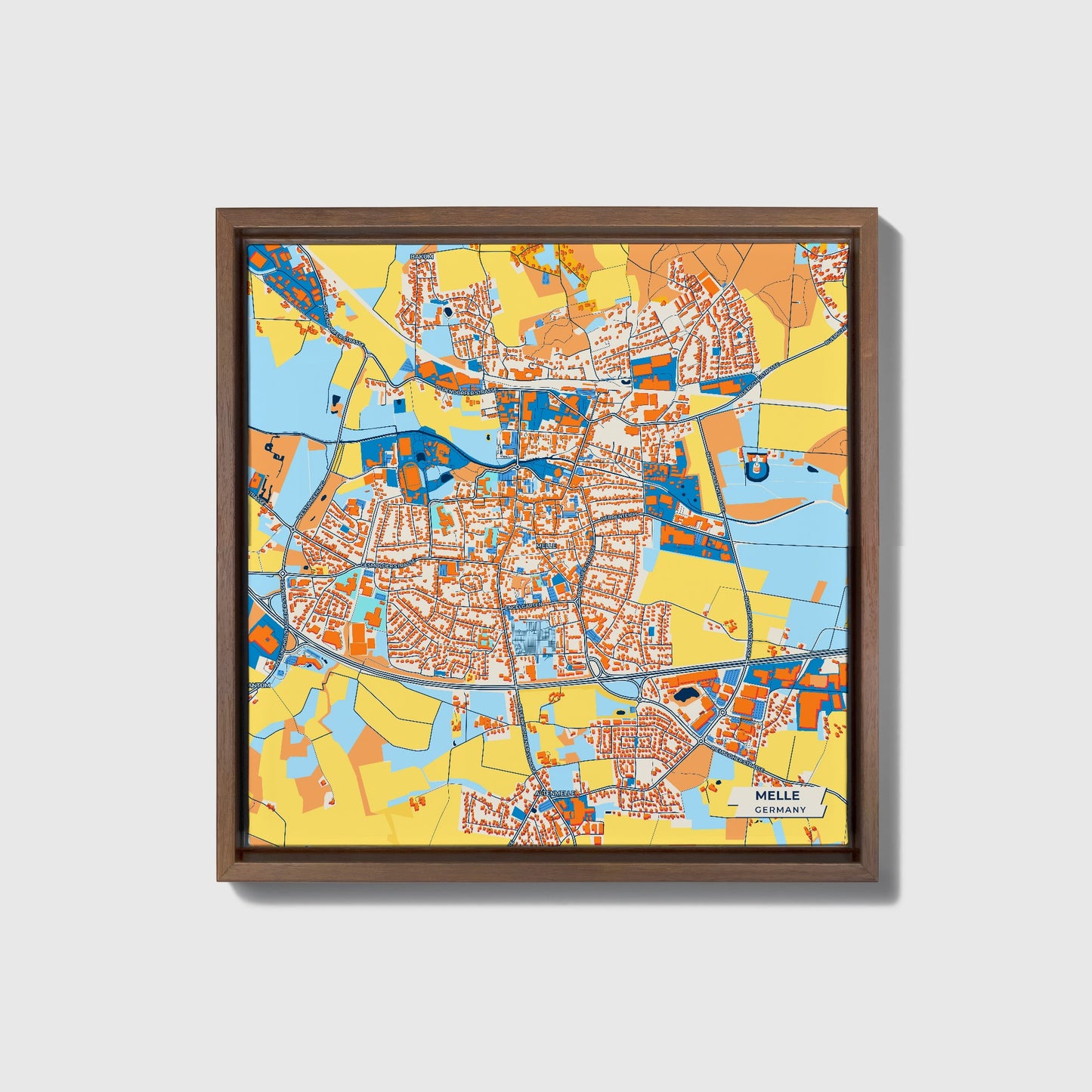 Melle Germany Colorful City Map Canvas Print • Dark Wooden Framed