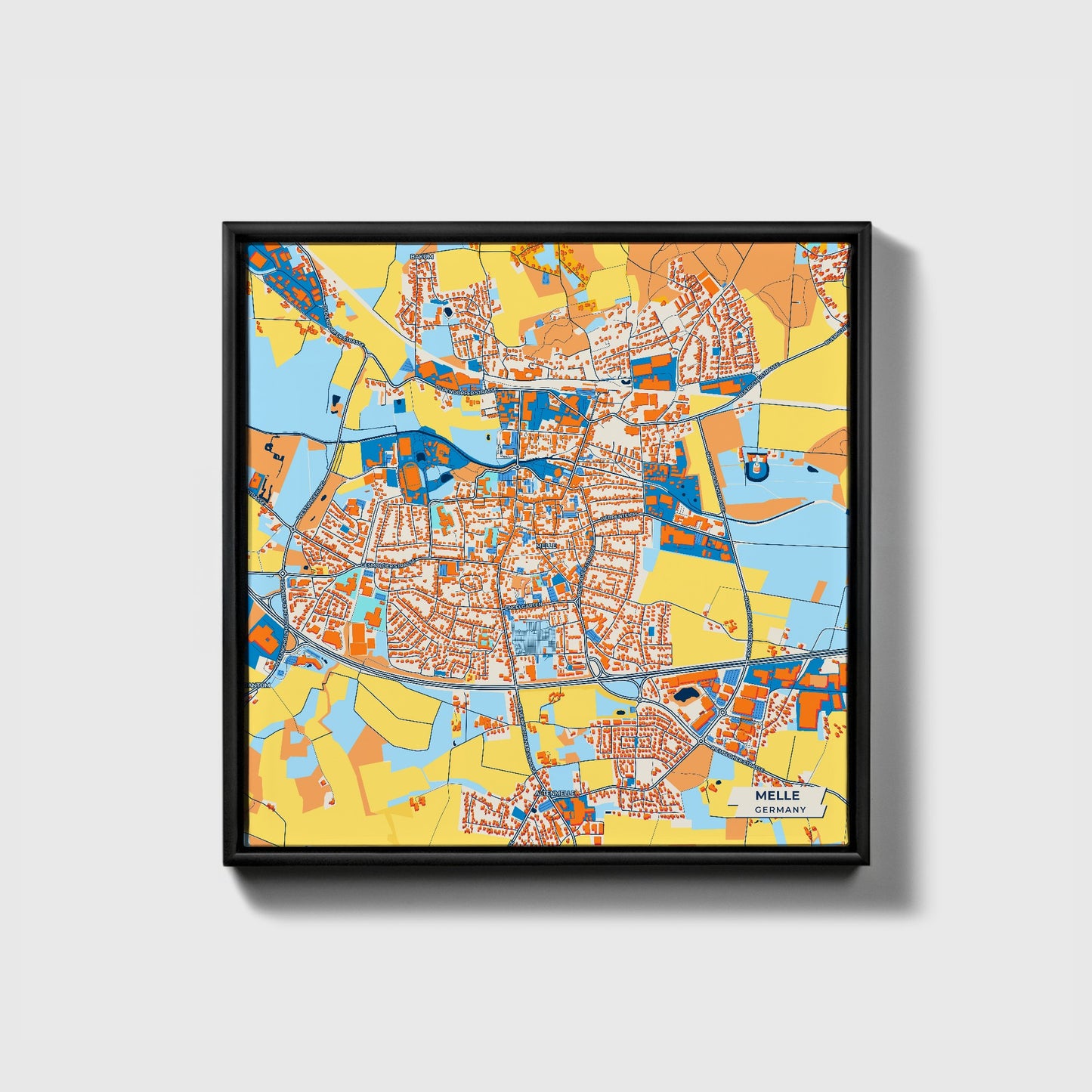 Melle Germany Colorful City Map Canvas Print • Black Framed