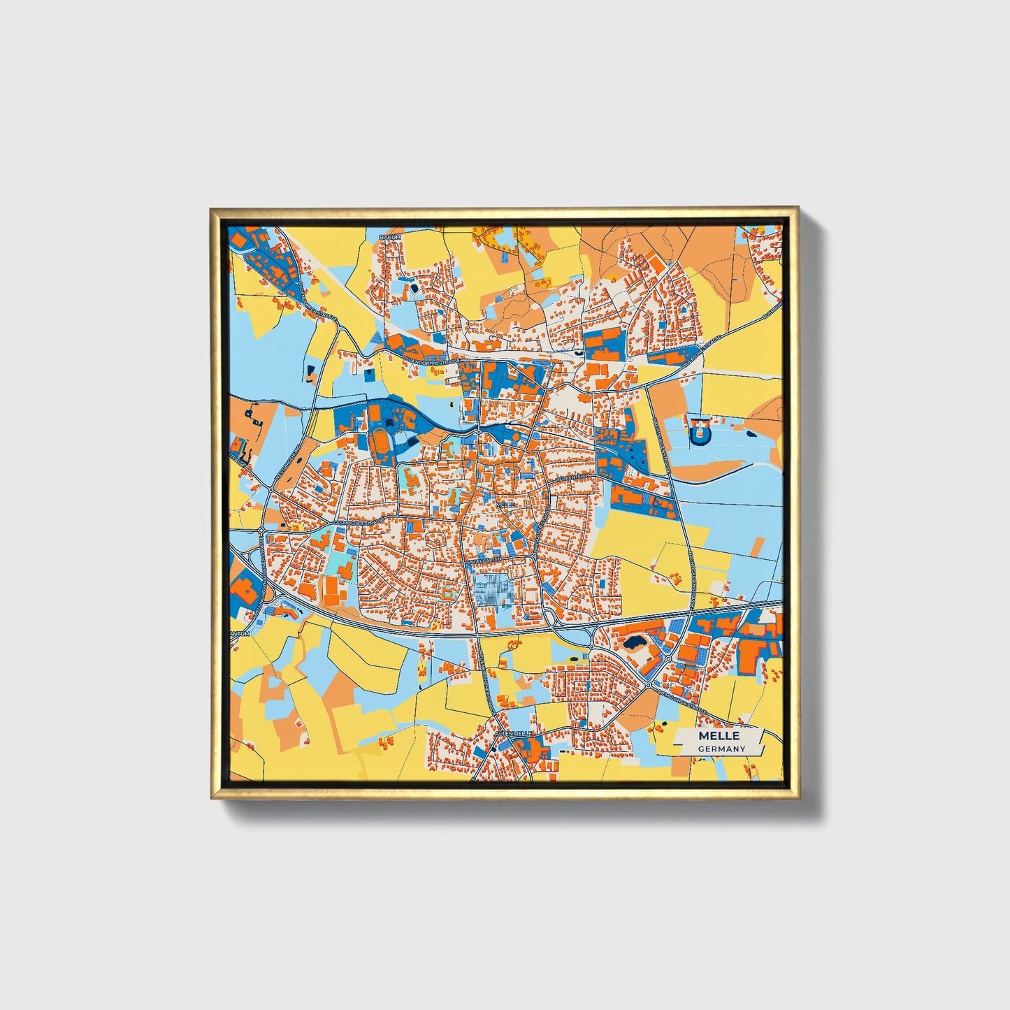 Melle Germany Colorful City Map Canvas Print • Gold Framed