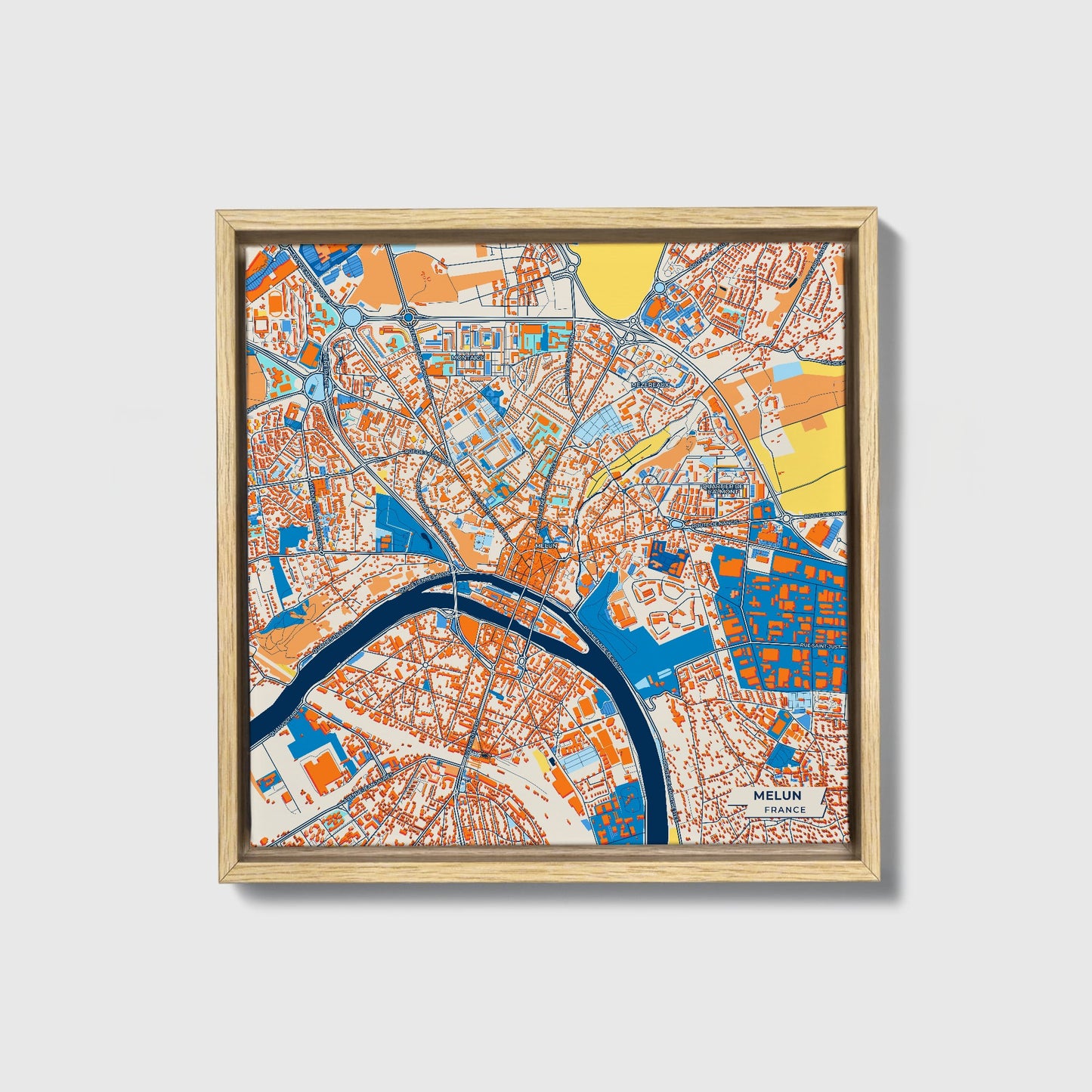 Melun France Colorful City Map Canvas Print • Natural Wooden Framed
