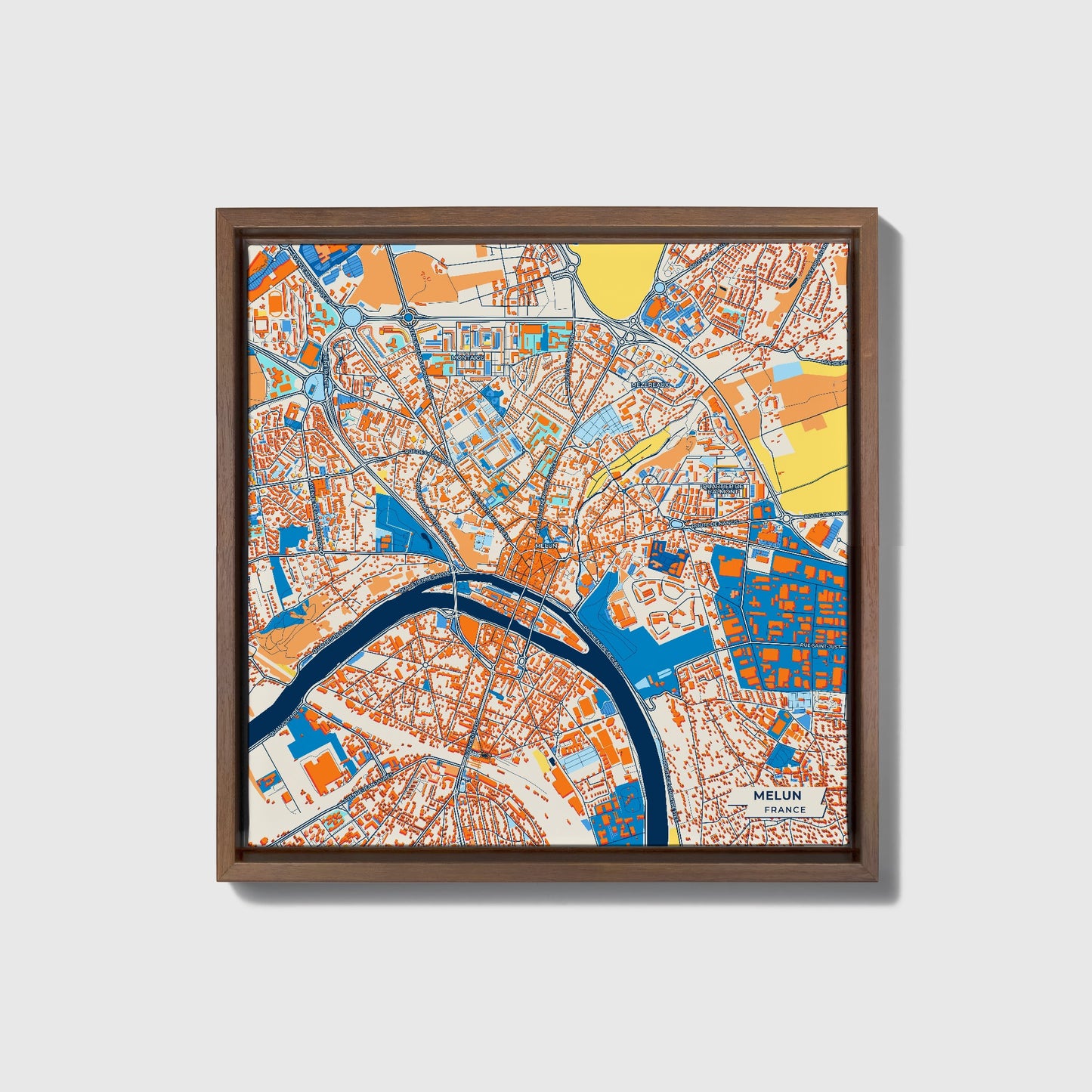 Melun France Colorful City Map Canvas Print • Dark Wooden Framed